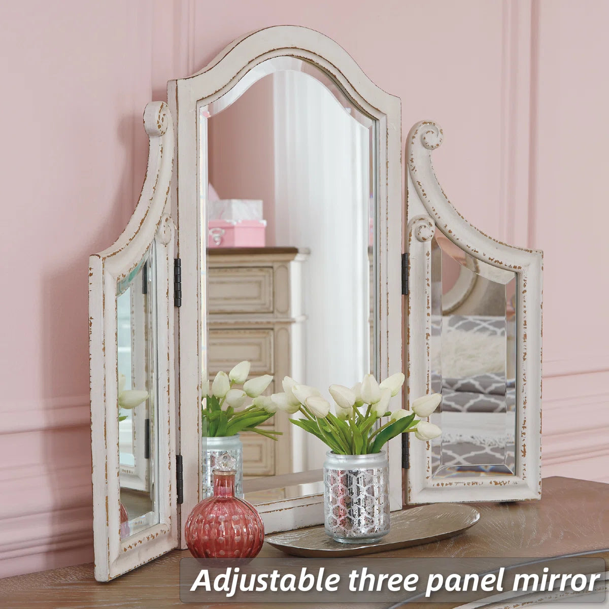 Kelly Clarkson Home 3-Piece Two-Tone Vanity Set with Tri-Fold Mirror & Upholstered Stool OUCH CART