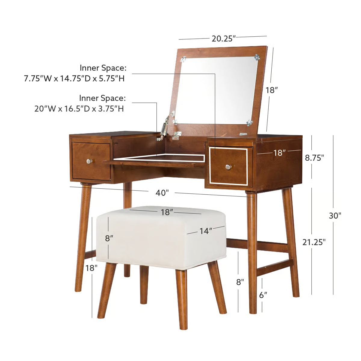 Headley Makeup Vanity Set – 2 Drawers with Flip Top, Mid Century Modern-OUCH CART |Dressing table