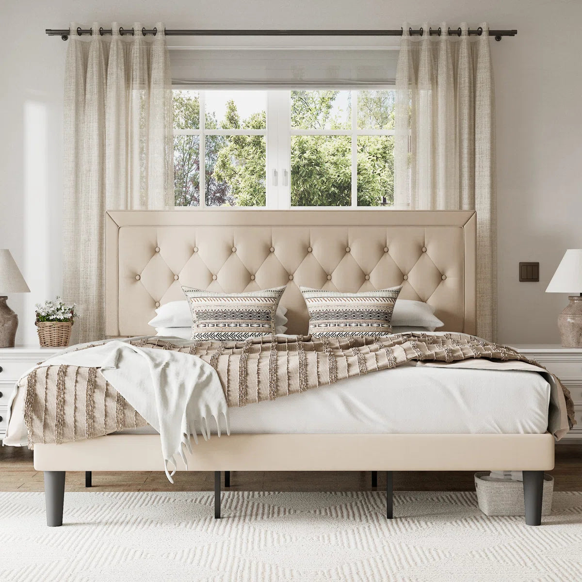 Light Beige Tufted Linen Upholstered Platform Bed with Sturdy Steel Frame OUCH CART