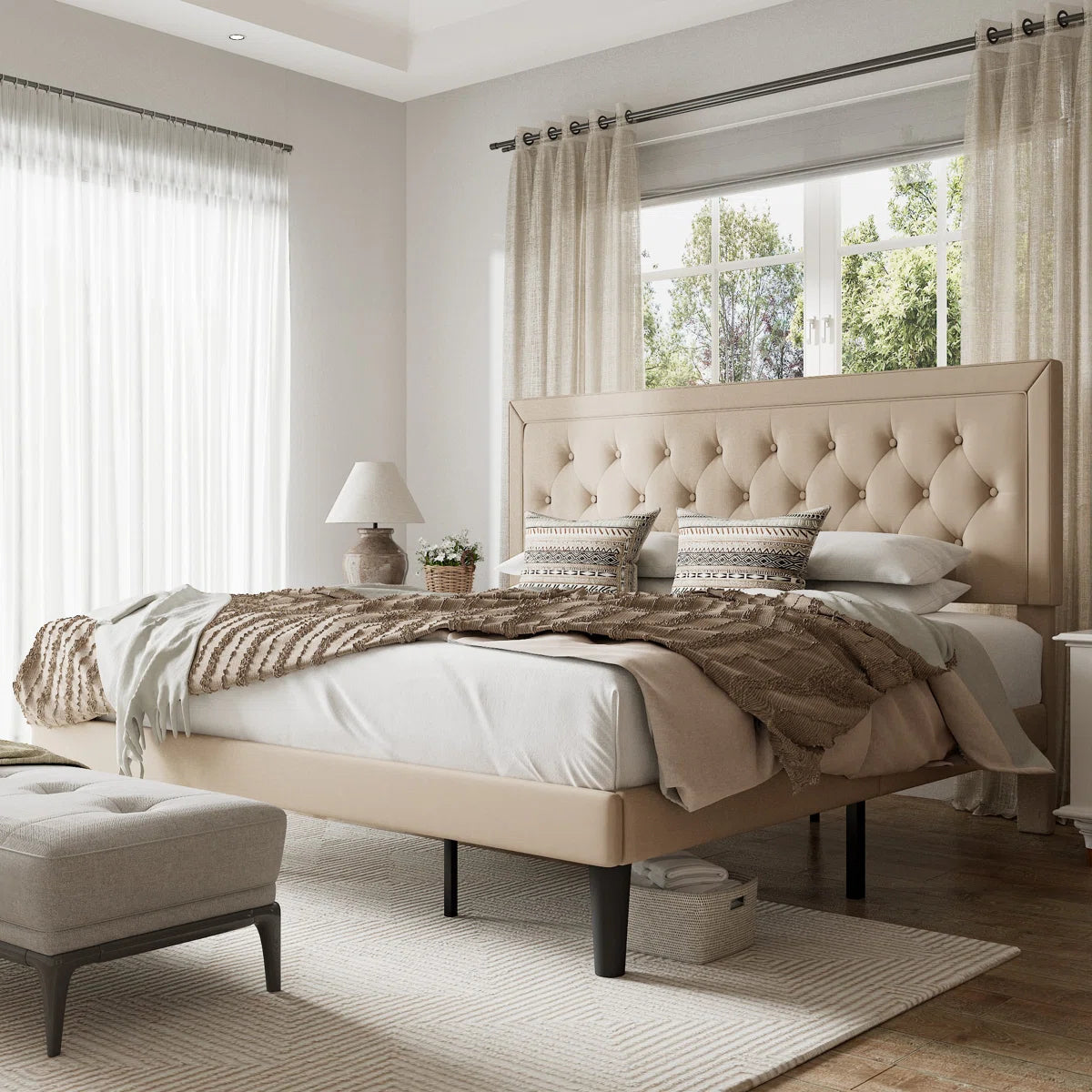 Light Beige Tufted Linen Upholstered Platform Bed with Sturdy Steel Frame OUCH CART