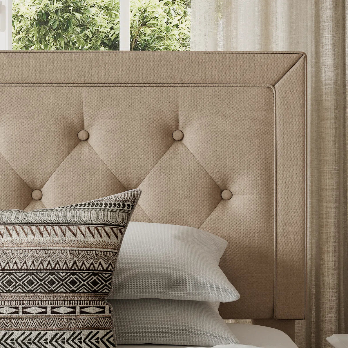 Light Beige Tufted Linen Upholstered Platform Bed with Sturdy Steel Frame OUCH CART