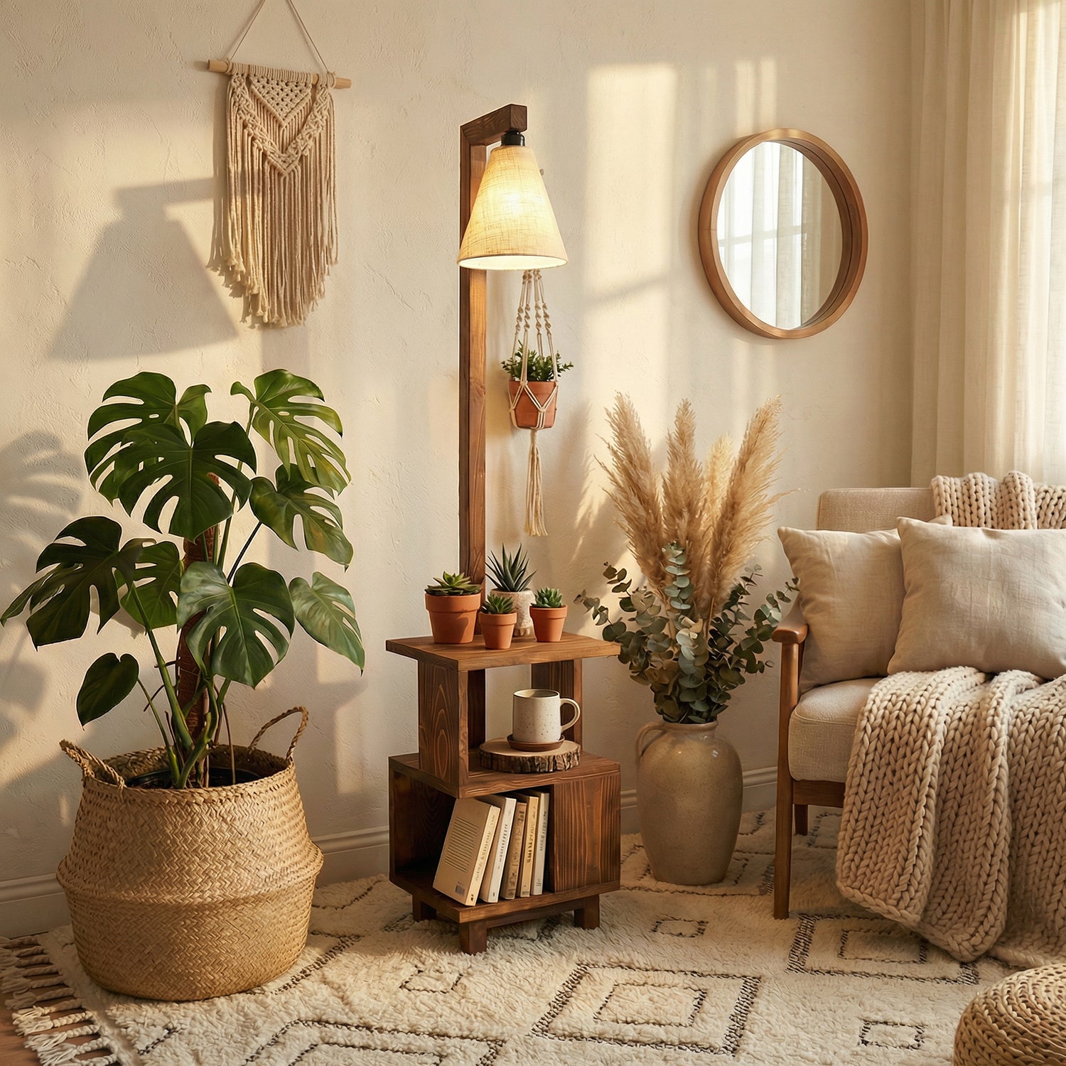 Henry Wooden Floor Lamp with Brown Base and Jute Fabric Lampshade (BULB NOT INCLUDED)