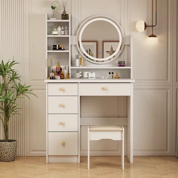 Alva Vanity Dressing Table Wood with Light Design Vanity Desk with Mirror and Lights, Makeup Vanity with Storage Drawer & Stool & 4 Shelves