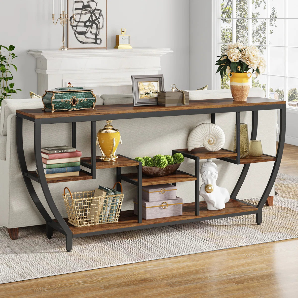 Industrial Console Table with 7 Shelves โ Rustic Entryway & Sofa Table