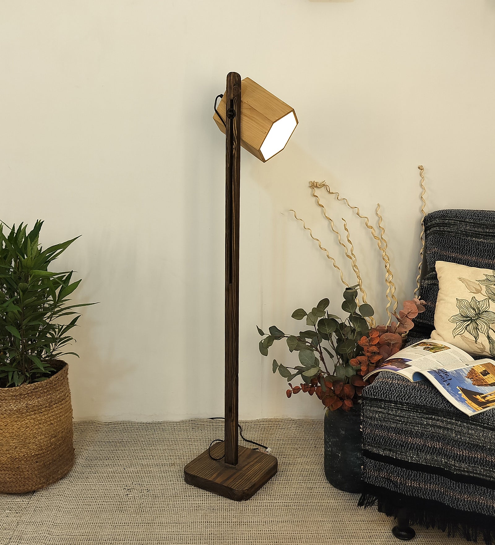 HexSpot Wooden Floor Lamp with Beige Base and Red Wooden Lampshade (BULB NOT INCLUDED)