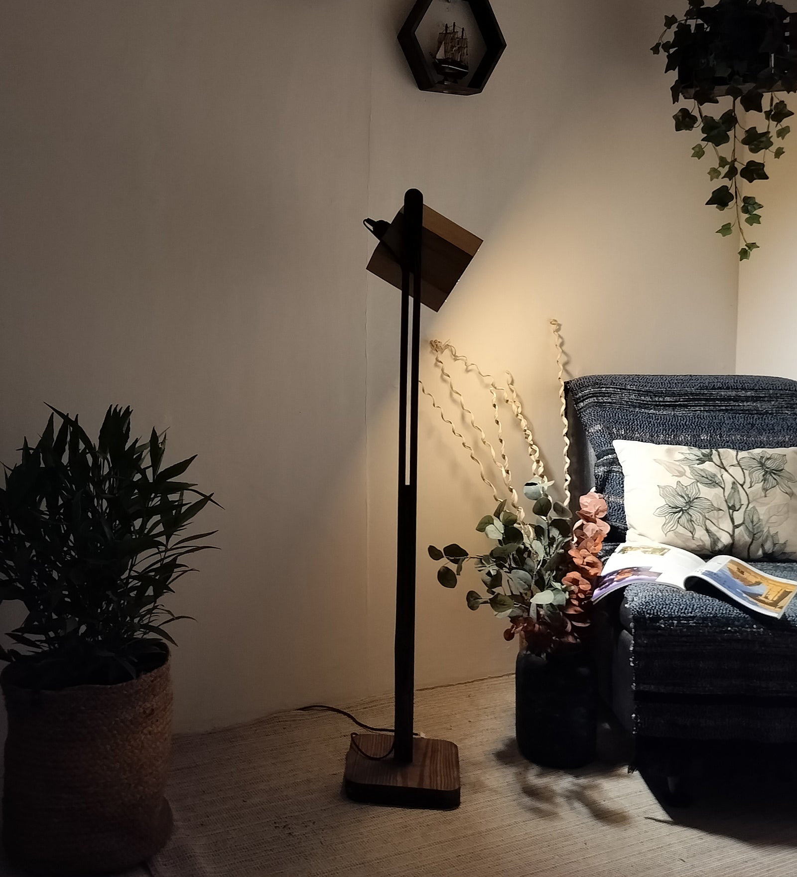 HexSpot Wooden Floor Lamp with Beige Base and Red Wooden Lampshade (BULB NOT INCLUDED)