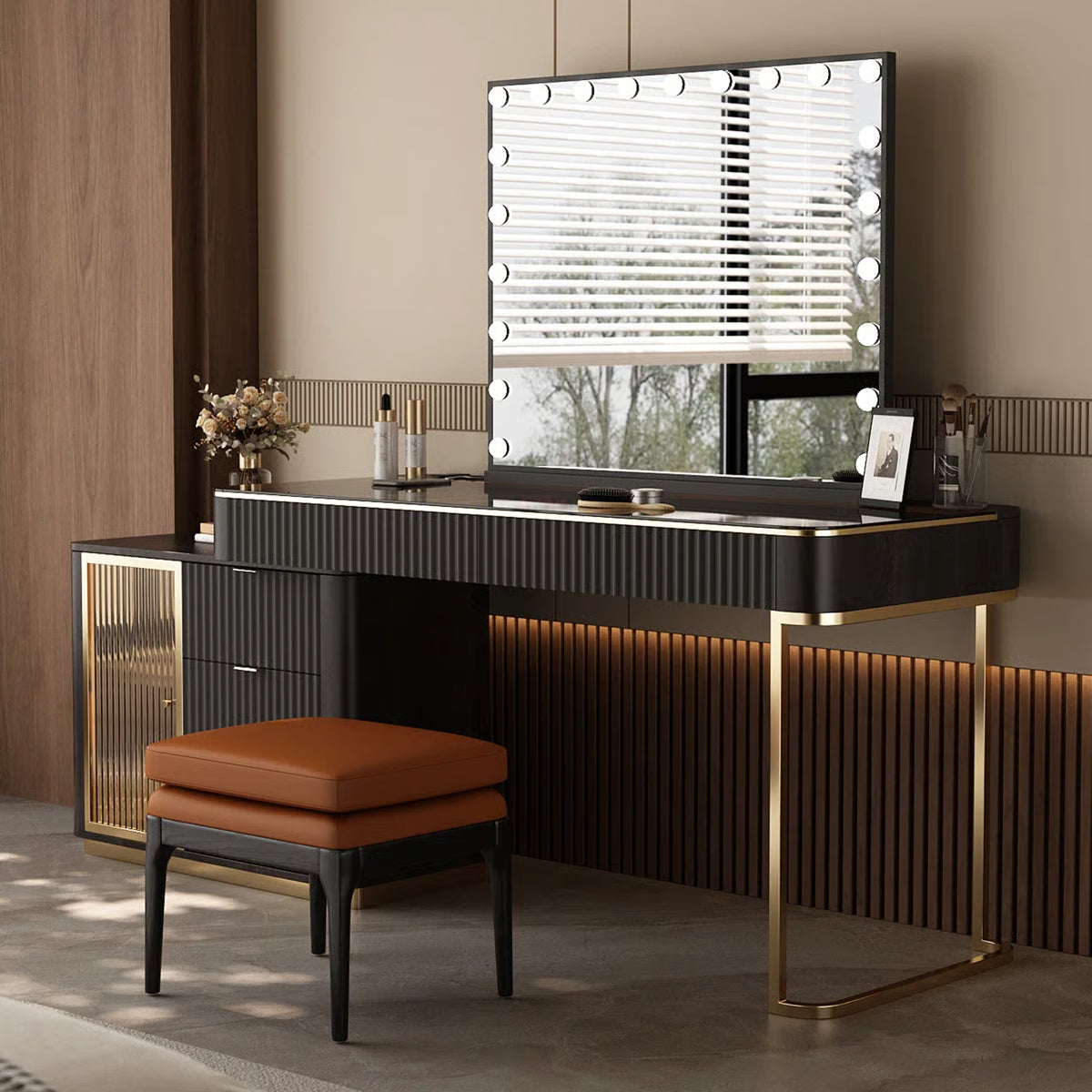 High-Quality Makeup Vanity Set with Glass Top, Built-In Power Outlet and Easy Assembly