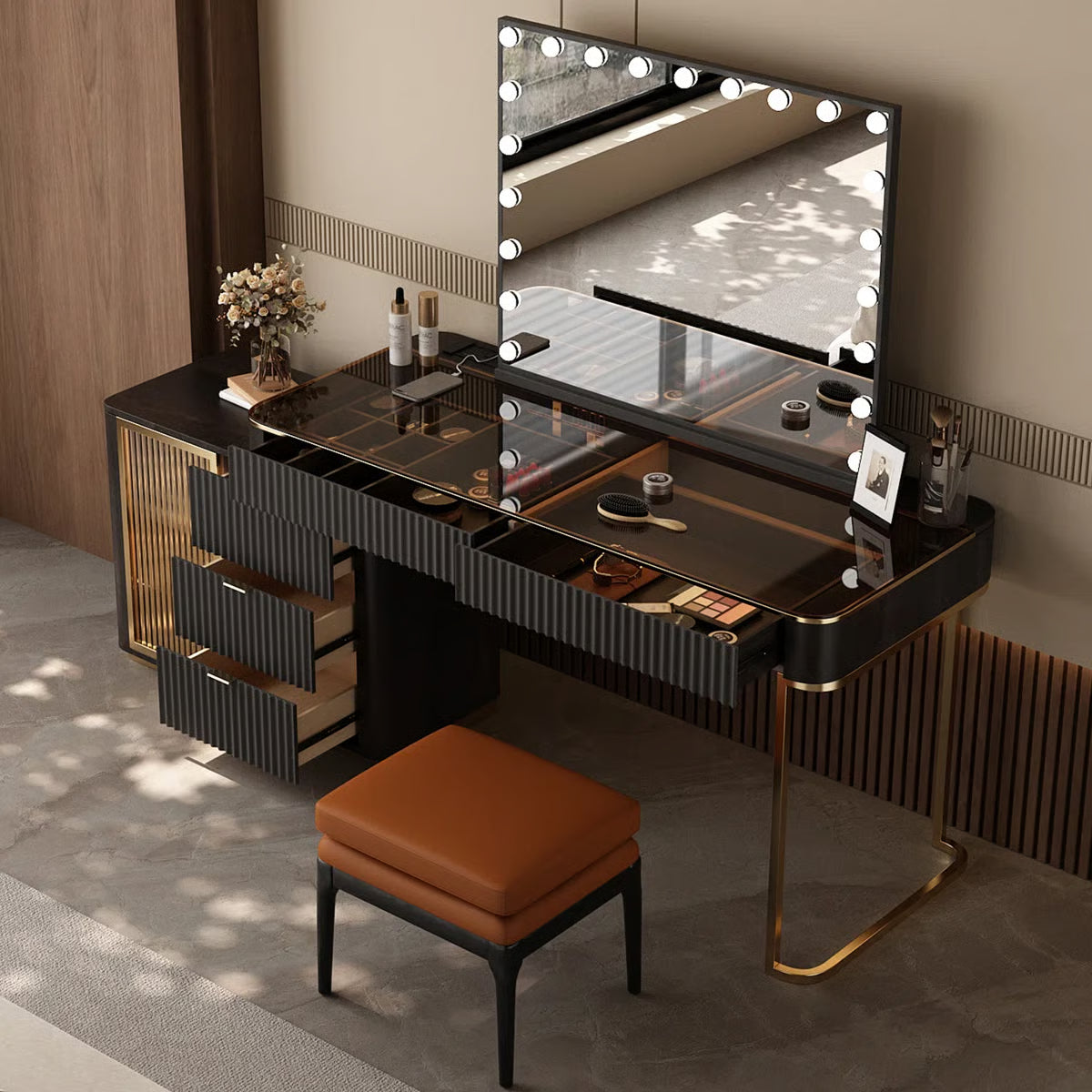 High-Quality Makeup Vanity Set with Glass Top, Built-In Power Outlet and Easy Assembly