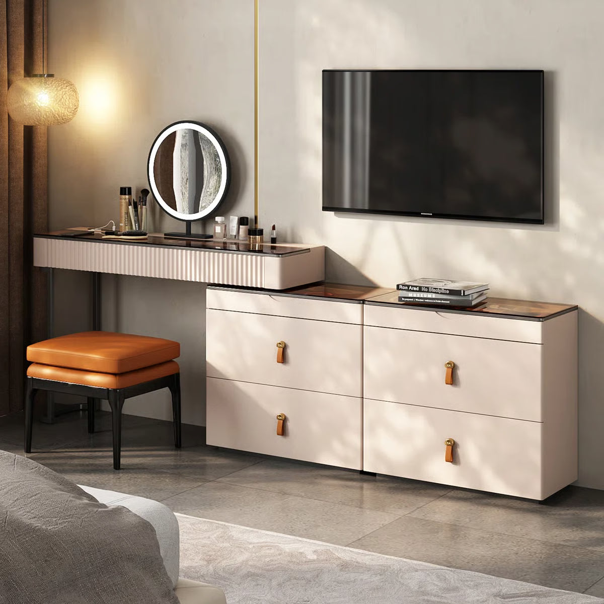 Luxury Corner Makeup Vanity Desk with Glass Top, Stool and Built-In Power Outlet