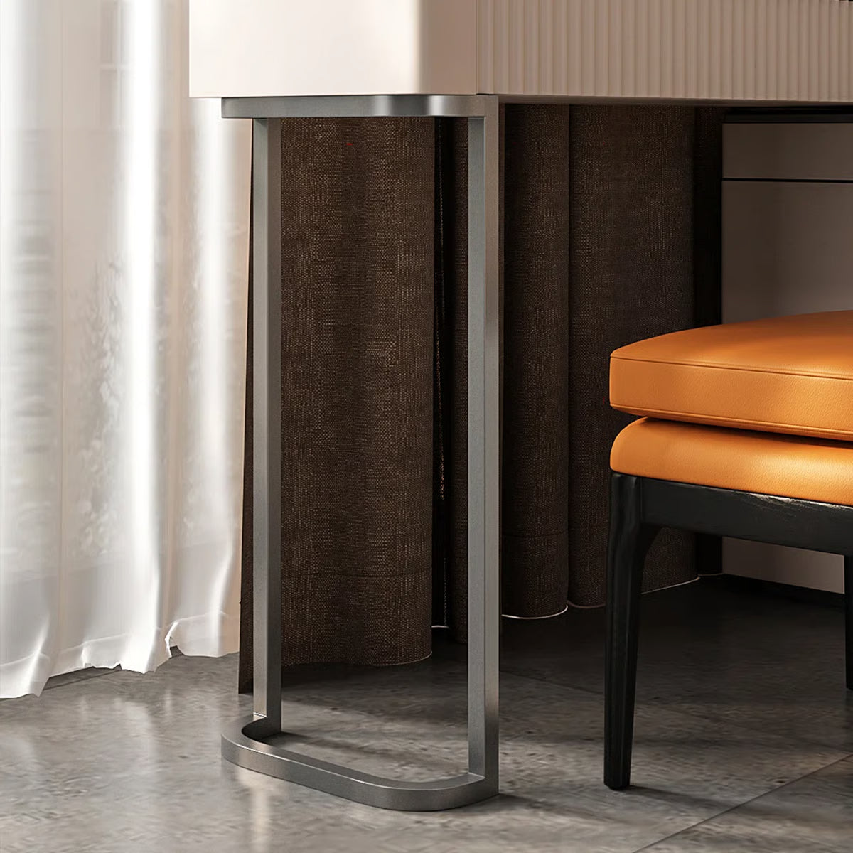 Luxury Corner Makeup Vanity Desk with Glass Top, Stool and Built-In Power Outlet