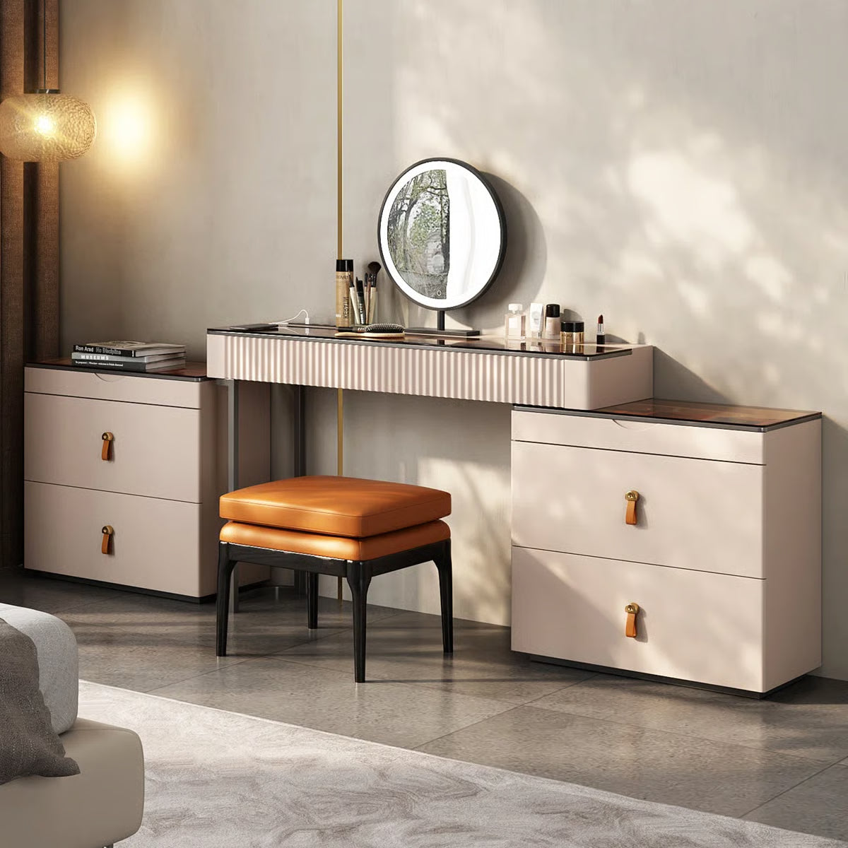 Luxury Corner Makeup Vanity Desk with Glass Top, Stool and Built-In Power Outlet- OUCH CART | Dressing table