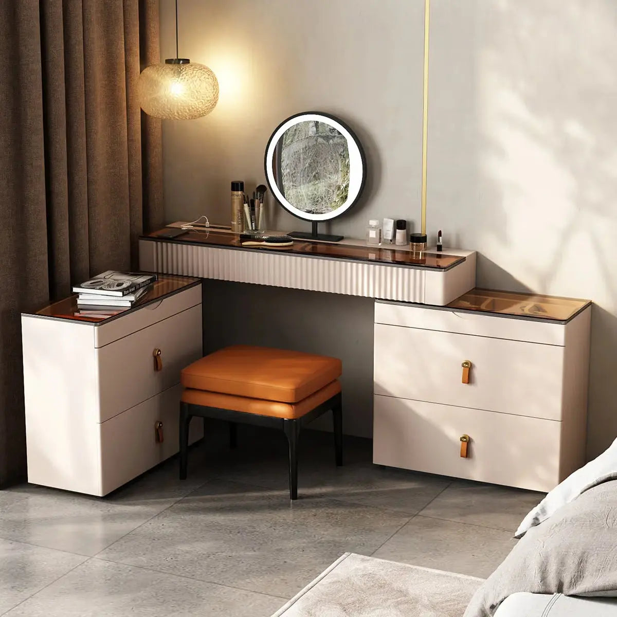 Luxury Corner Makeup Vanity Desk with Glass Top, Stool and Built-In Power Outlet