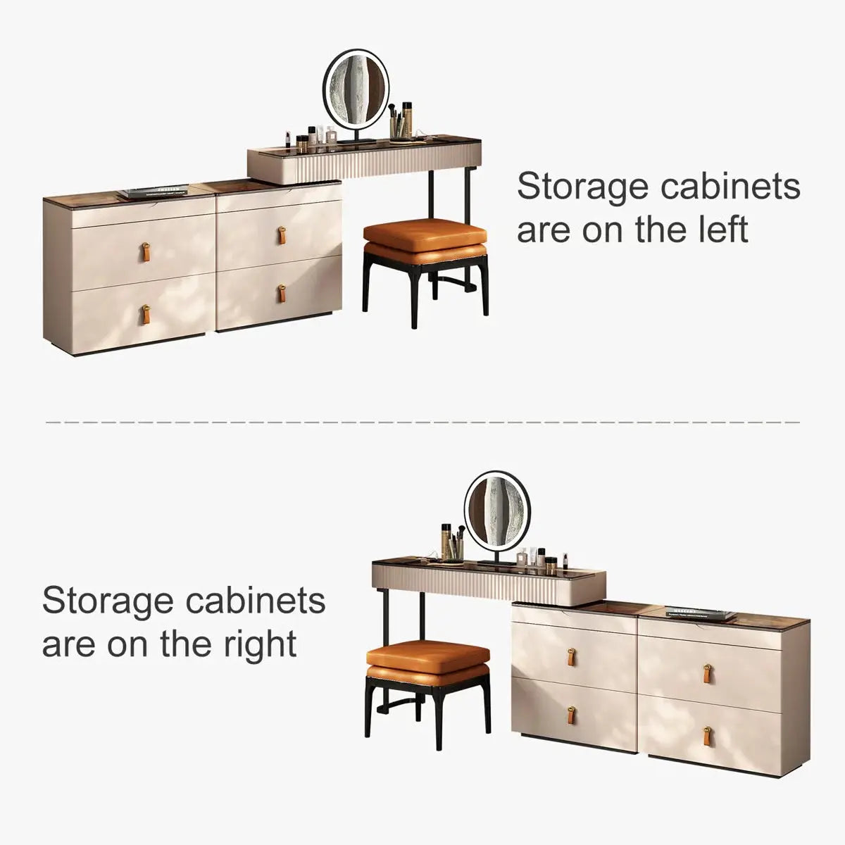 Luxury Corner Makeup Vanity Desk with Glass Top, Stool and Built-In Power Outlet