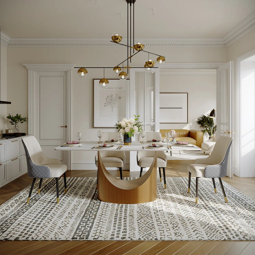 Hobart 7-Piece Modern Dining Room Sets (71" Dining Table + 6 Chairs) Pre-Assembly, Sintered Stone Tabletop Kitchen Dining Table Set with 6 PU Upholstered Chairs - OUCH CART