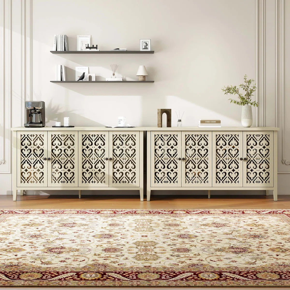 Hollowed-out 4-Door Cabinet, American Furniture Style, Ideal for Bedrooms, Living Rooms, and Studies, with Elegant Carvings and Good Air Permeability