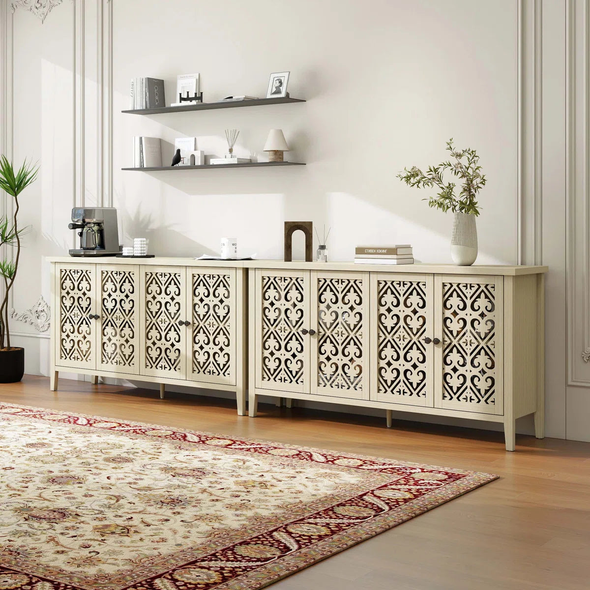 Hollowed-out 4-Door Cabinet, American Furniture Style, Ideal for Bedrooms, Living Rooms, and Studies, with Elegant Carvings and Good Air Permeability