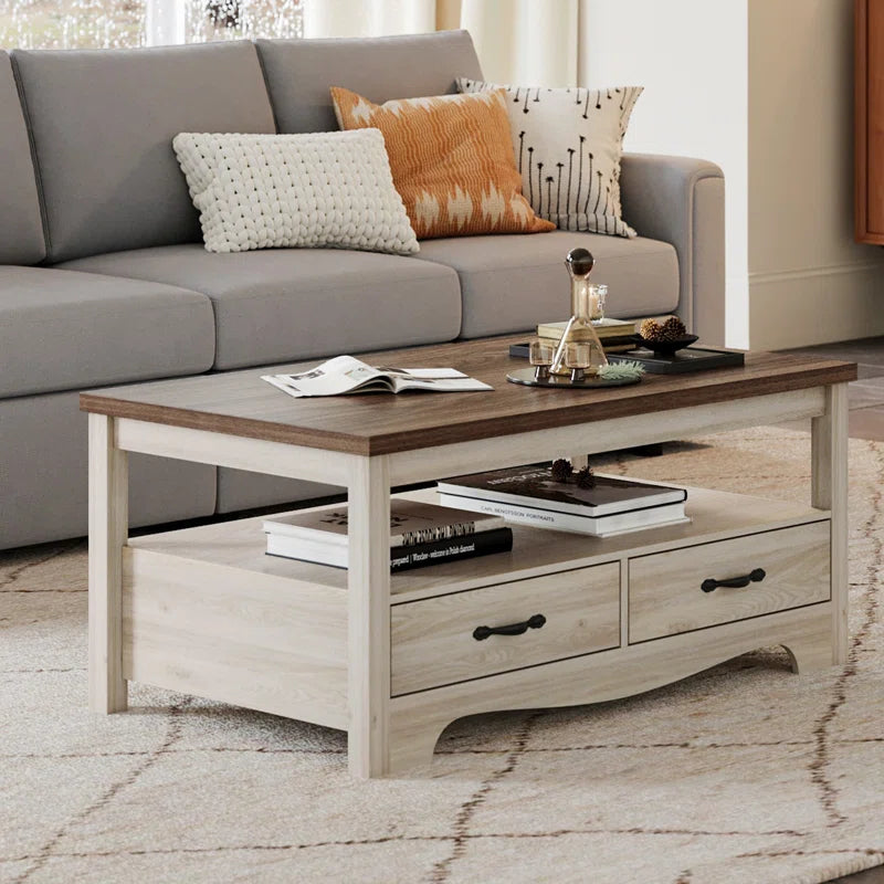 Farmhouse Coffee Table with Drawers & Open Shelf | Rustic Storage Center Table for Living Room