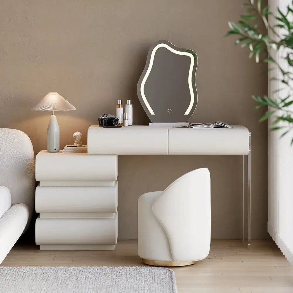 Humply Vanity Set – Modern PU Leather Dressing Table with LED Mirror & Stool