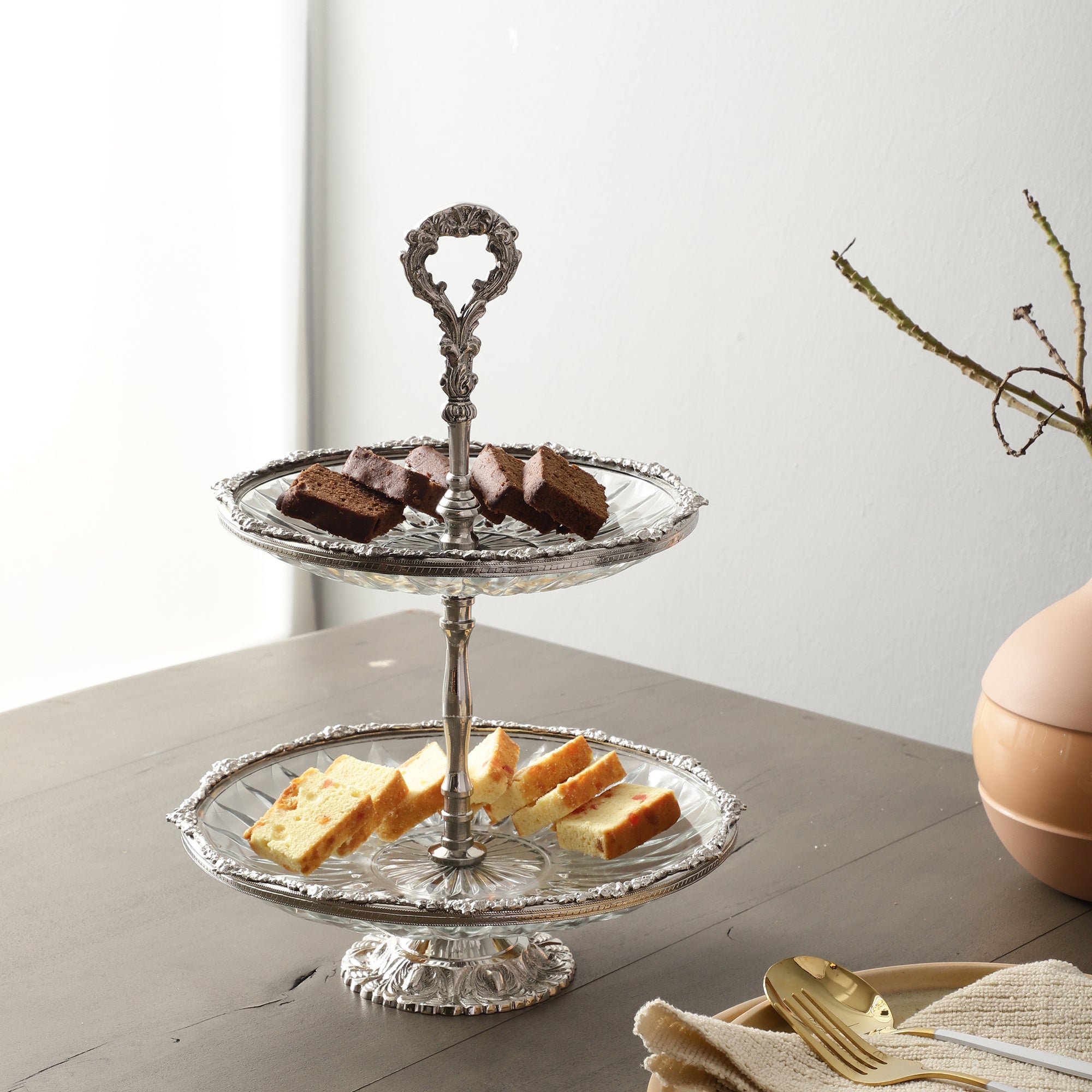 Spearhead Crystal Double Cake Stand in Silver M.M.I. OVERSEAS