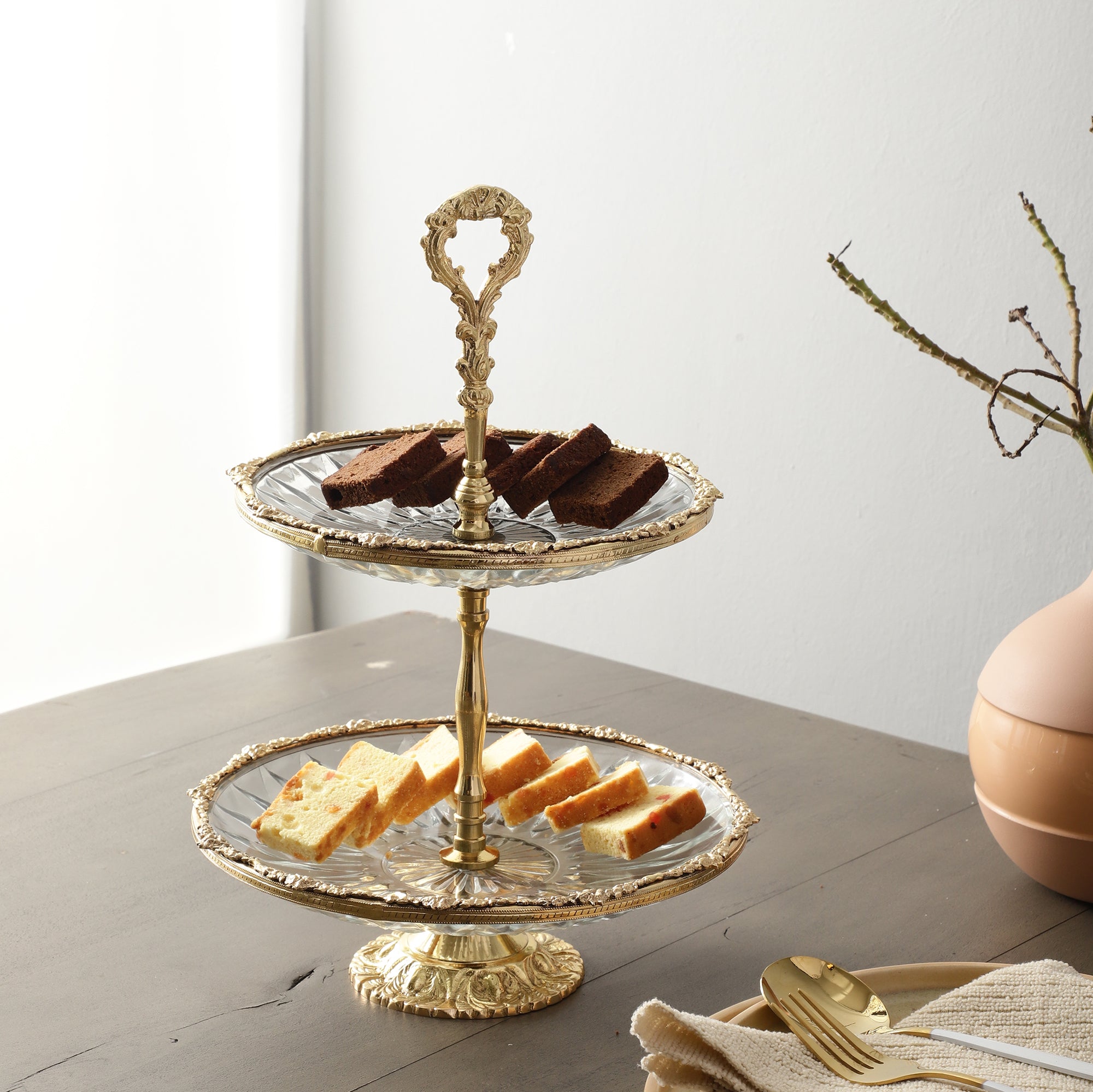 Spearhead Crystal Double Cake Stand in Gold M.M.I. OVERSEAS