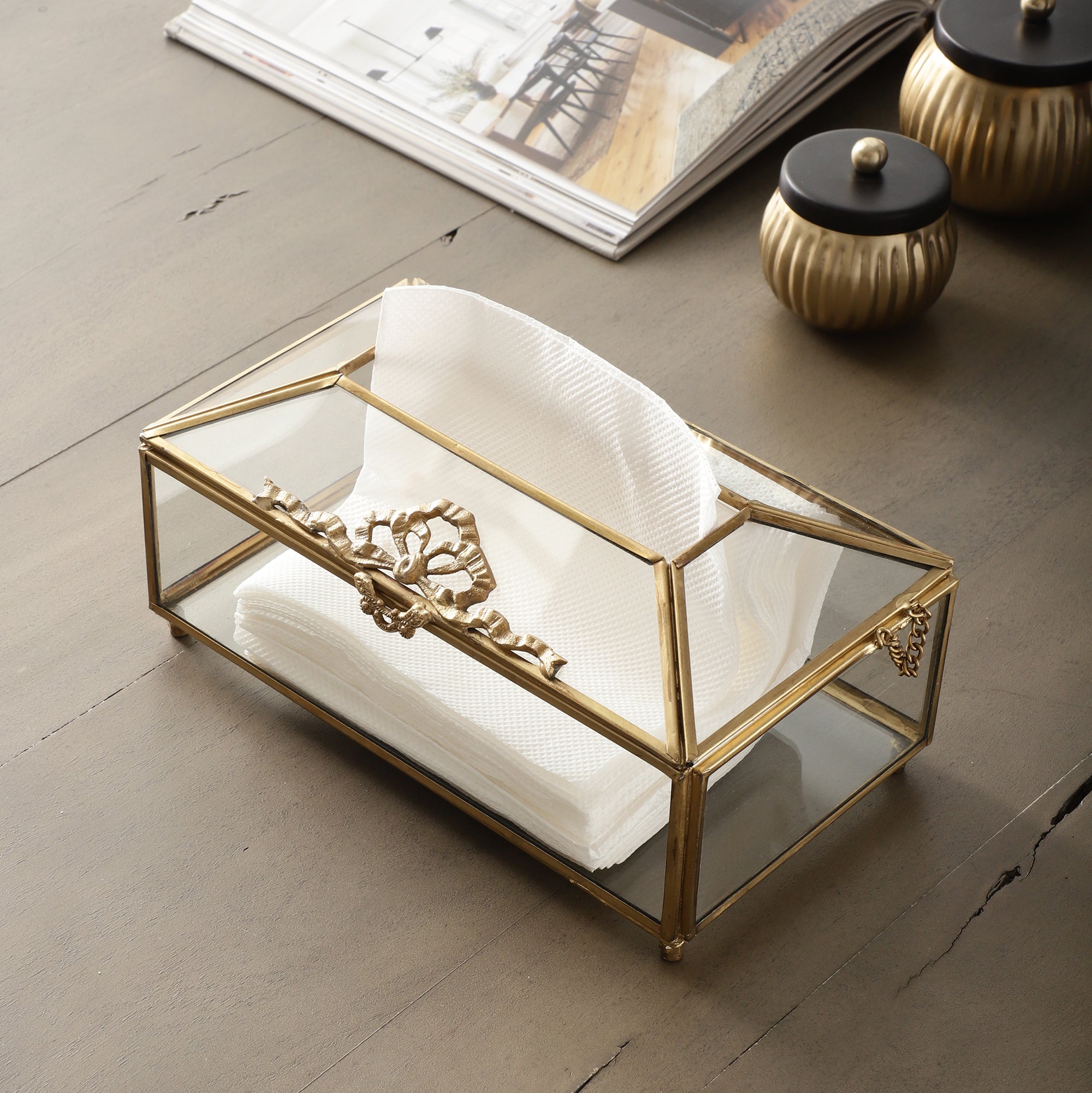 Royal Crown Brass & Glass Napkin Box M.M.I. OVERSEAS