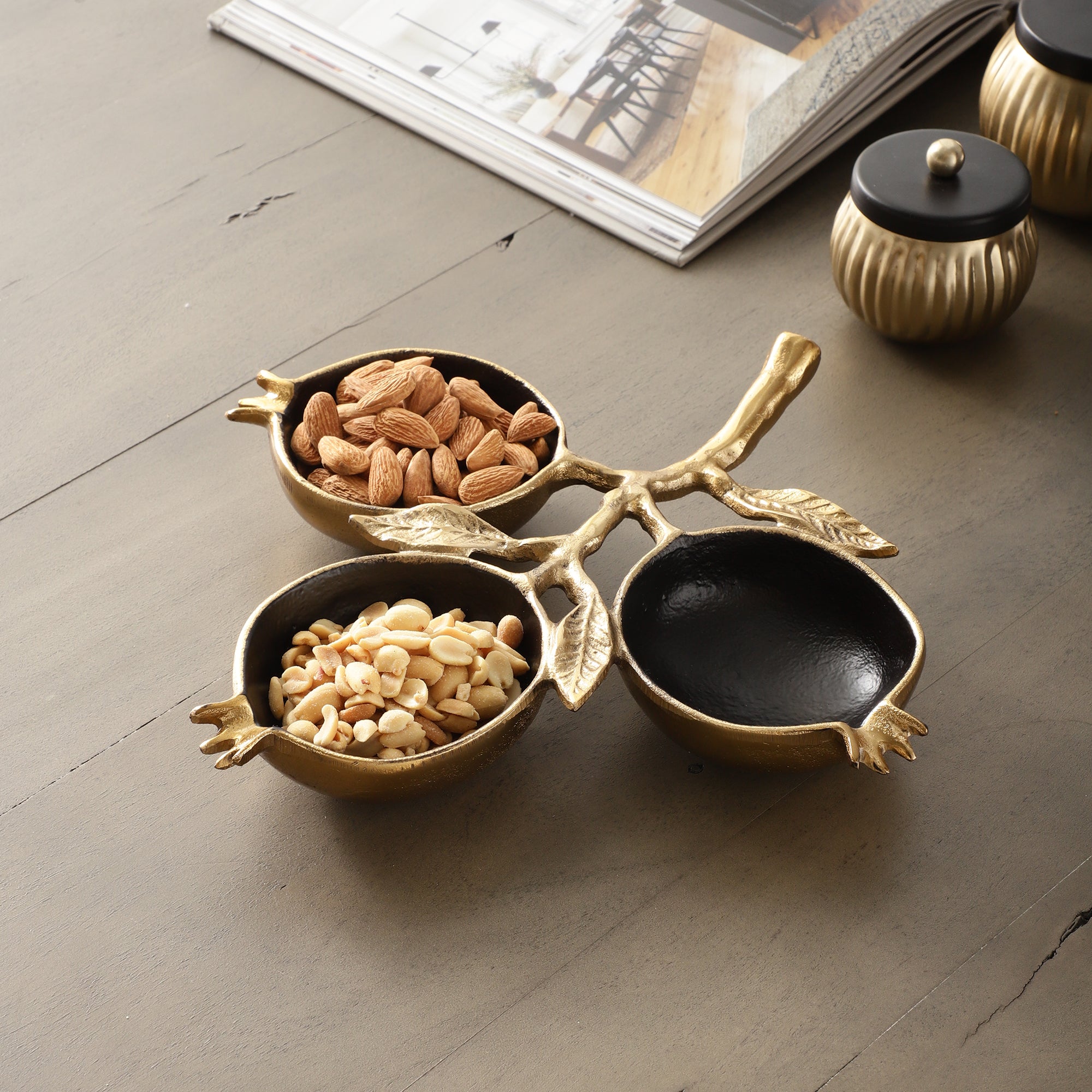 Pomegranate Metal Leaf Platter in Gold Black M.M.I. OVERSEAS