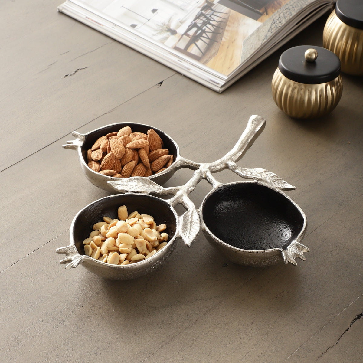 Pomegranate Metal three Leaf Platter in Silver Black M.M.I. OVERSEAS