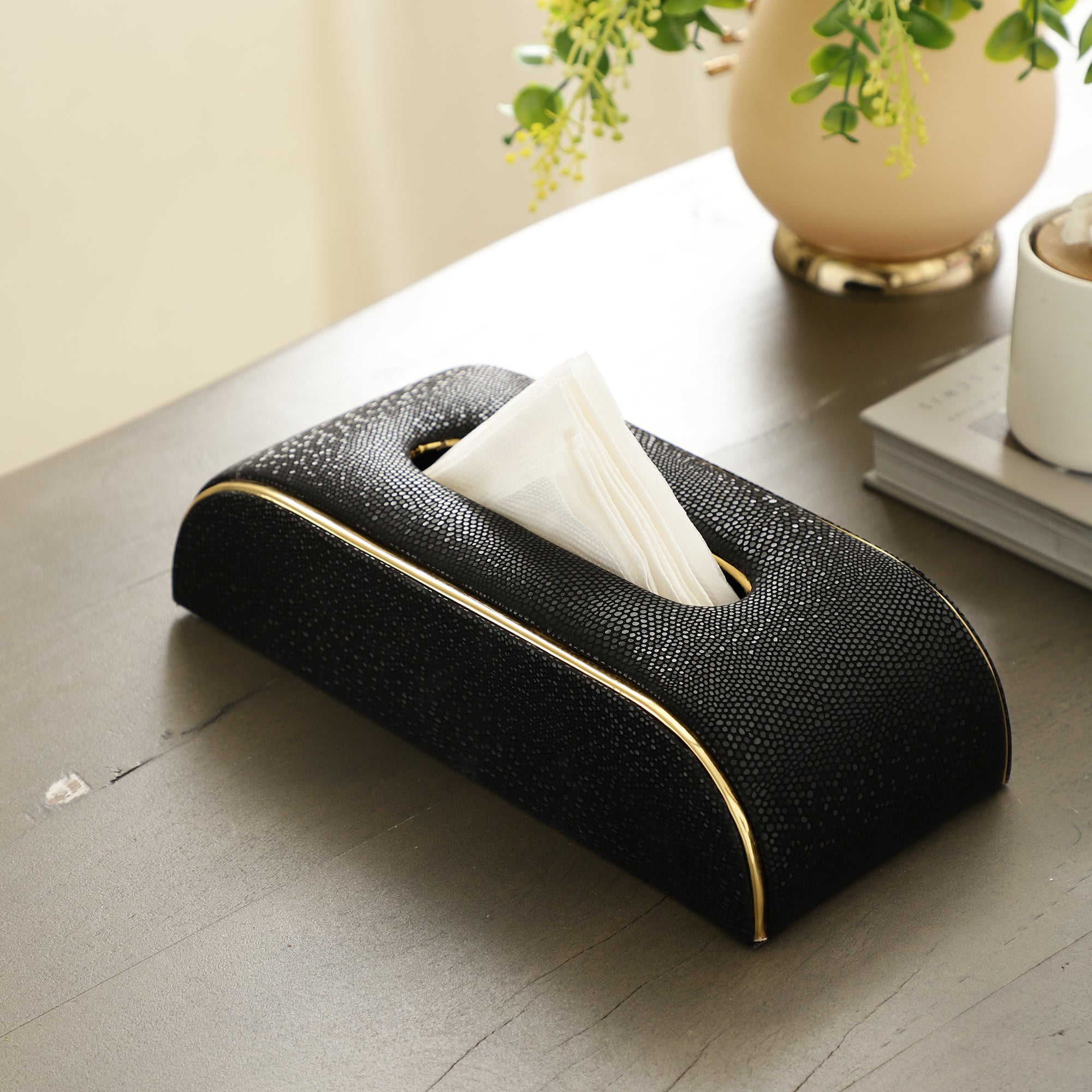 Sleek Slant Leather Napkin Box Black