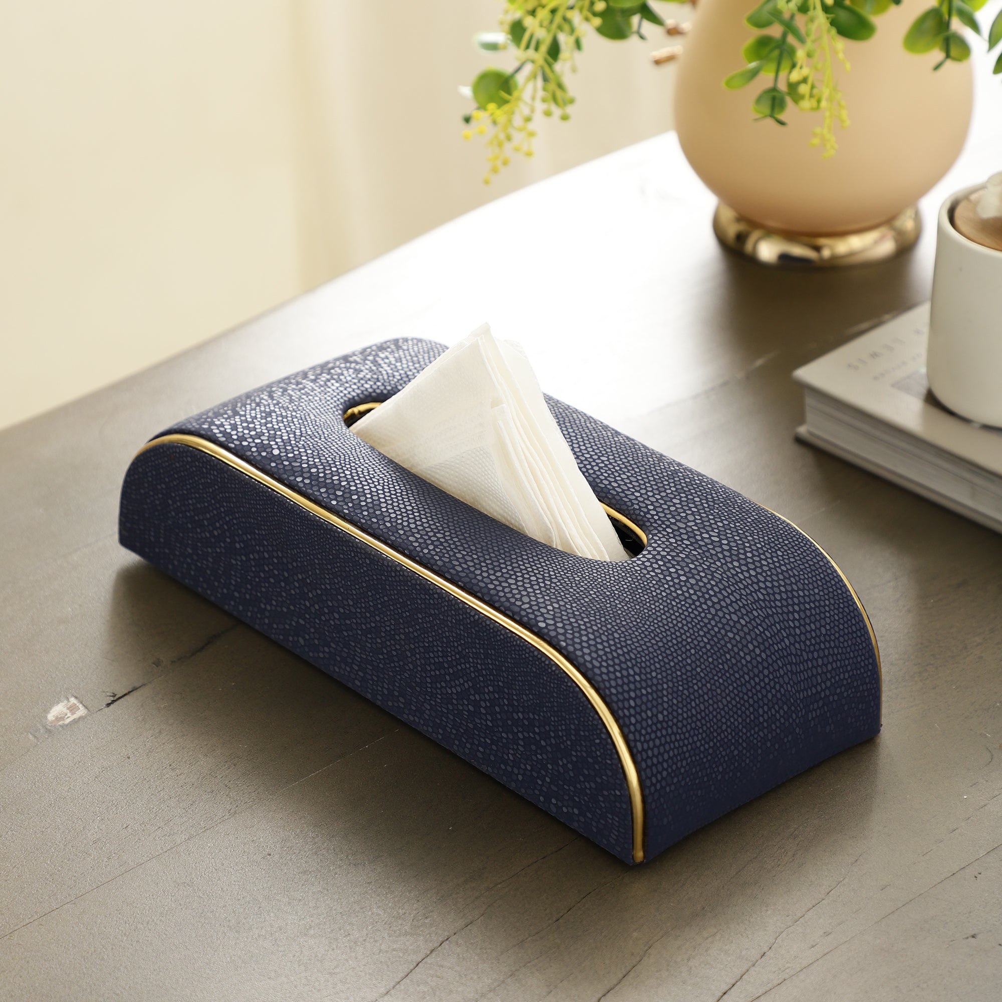 Sleek Slant Leather Napkin Box Blue