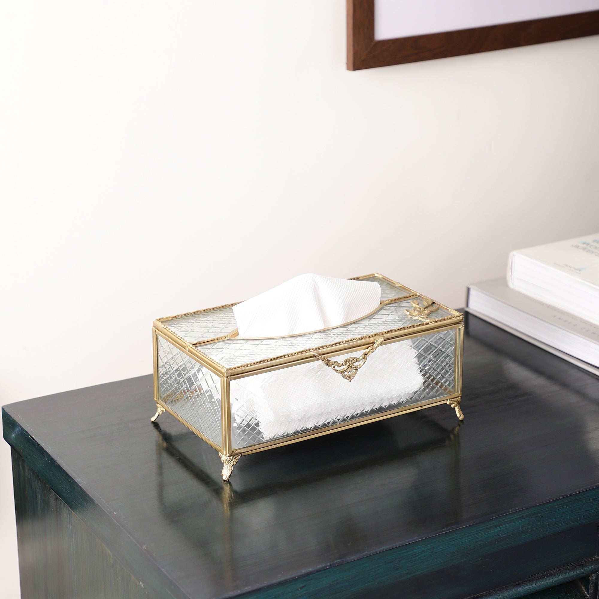 Gleaming Crackle Glass Tissue Box with Antique Brass M.M.I. OVERSEAS