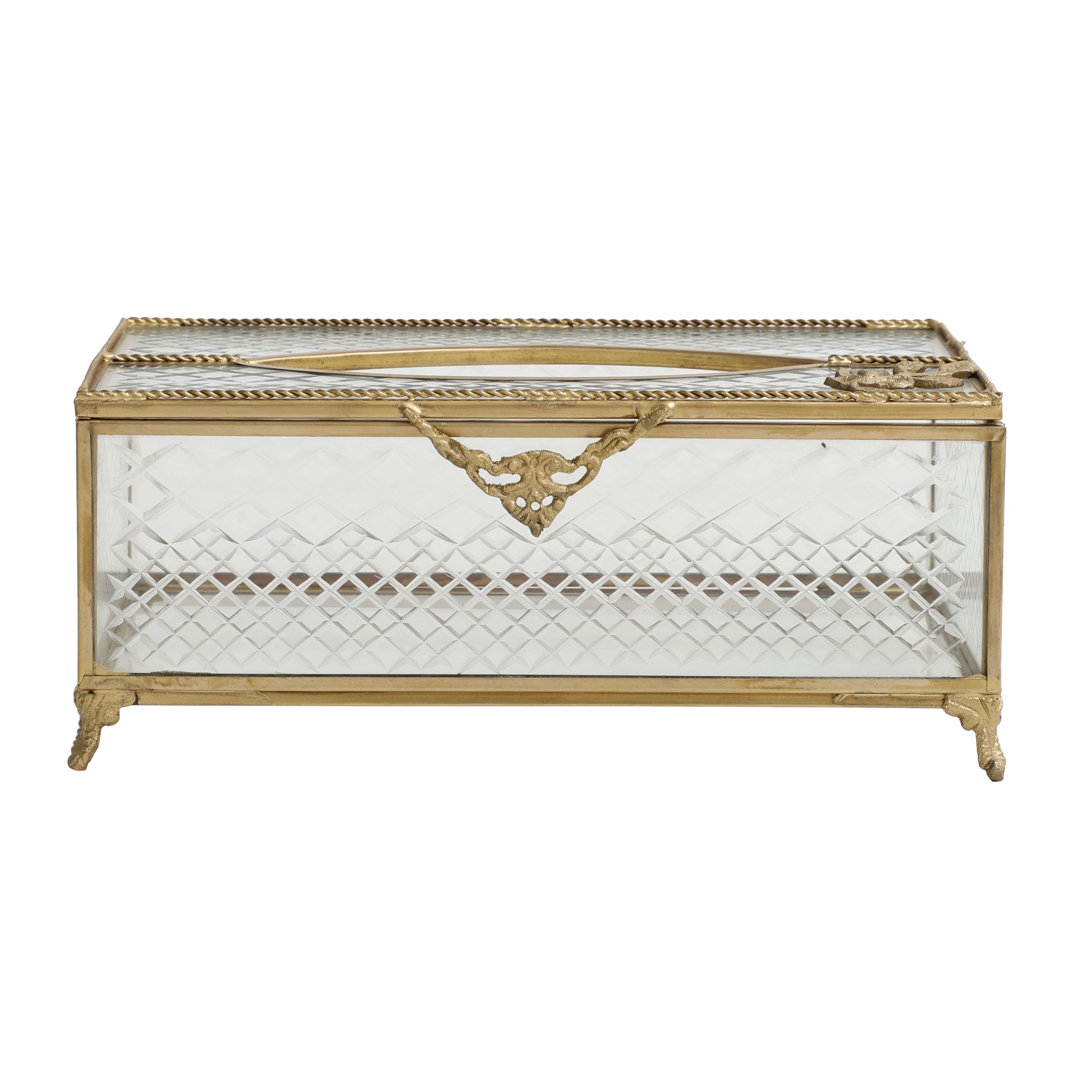 Gleaming Crackle Glass Tissue Box with Antique Brass M.M.I. OVERSEAS