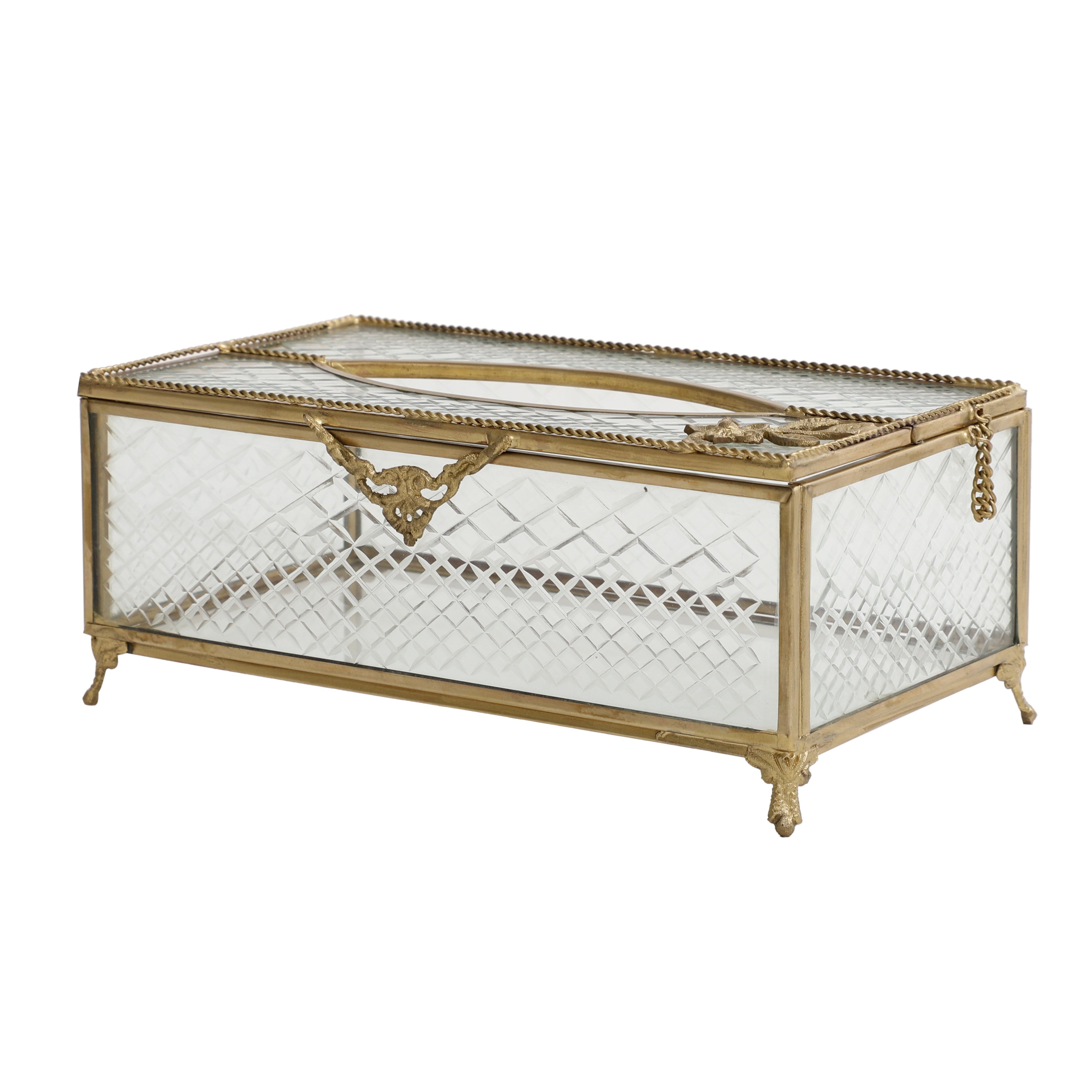 Gleaming Crackle Glass Tissue Box with Antique Brass M.M.I. OVERSEAS