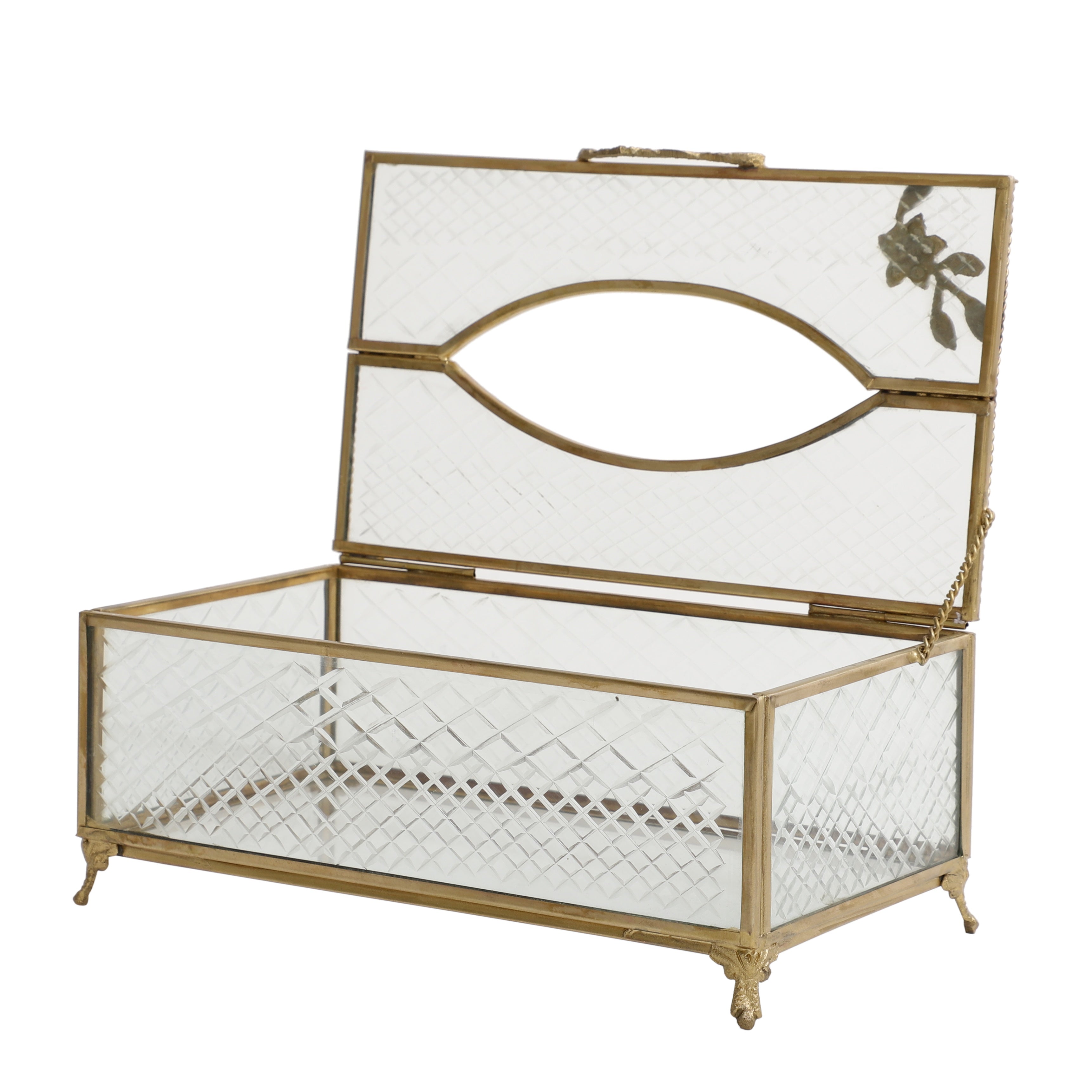 Gleaming Crackle Glass Tissue Box with Antique Brass M.M.I. OVERSEAS