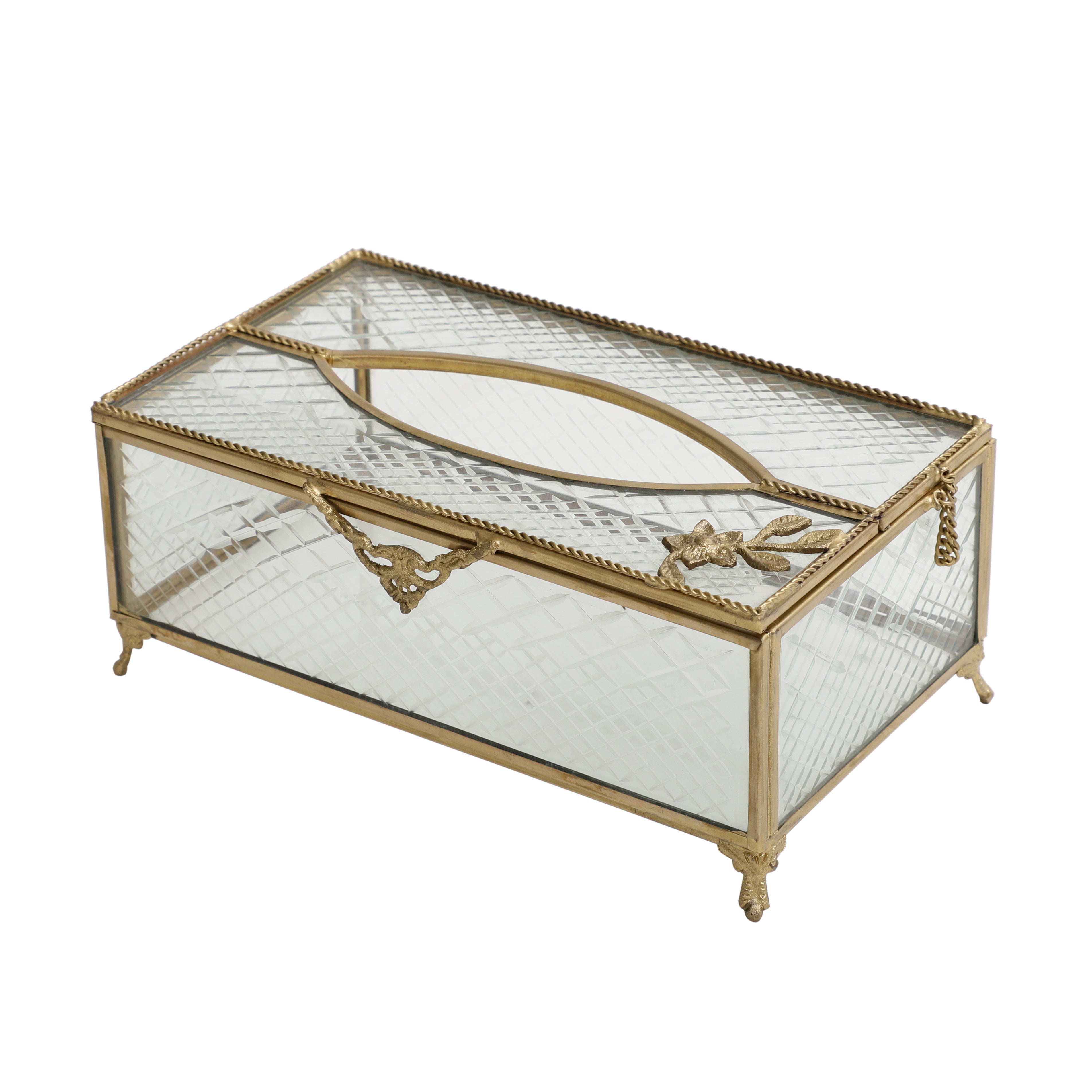 Gleaming Crackle Glass Tissue Box with Antique Brass M.M.I. OVERSEAS