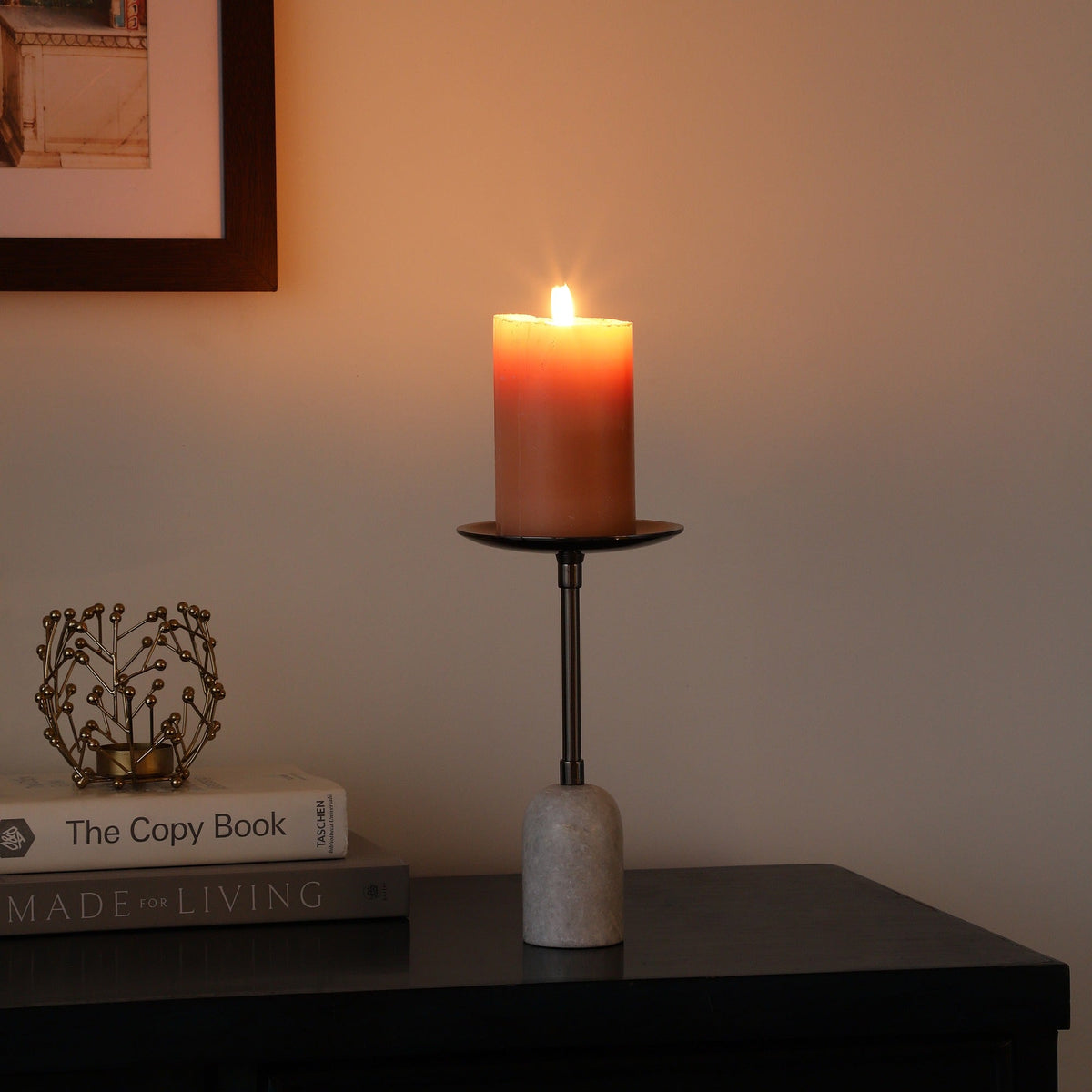 Marble Pri Pillar Candle medium stand in black M.M.I. OVERSEAS
