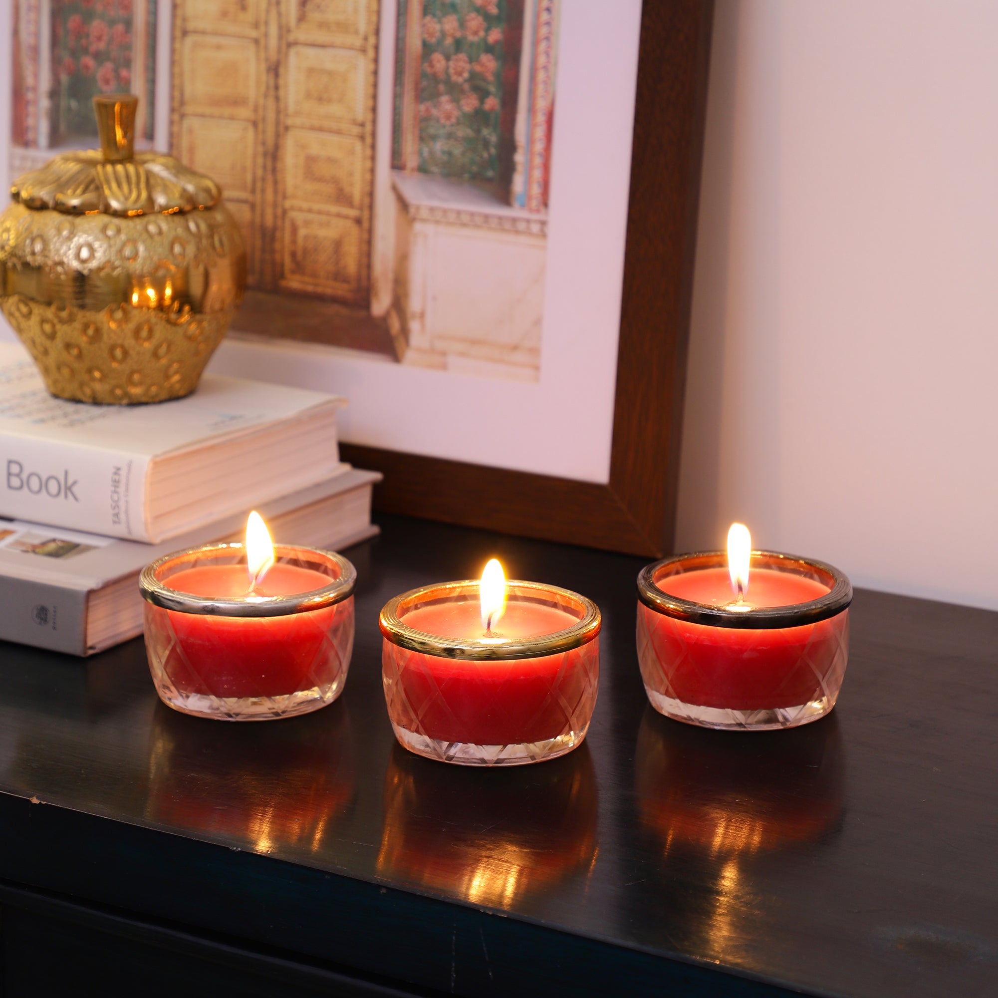 cherry blossom red scented candle jar with Golden ring M.M.I. OVERSEAS