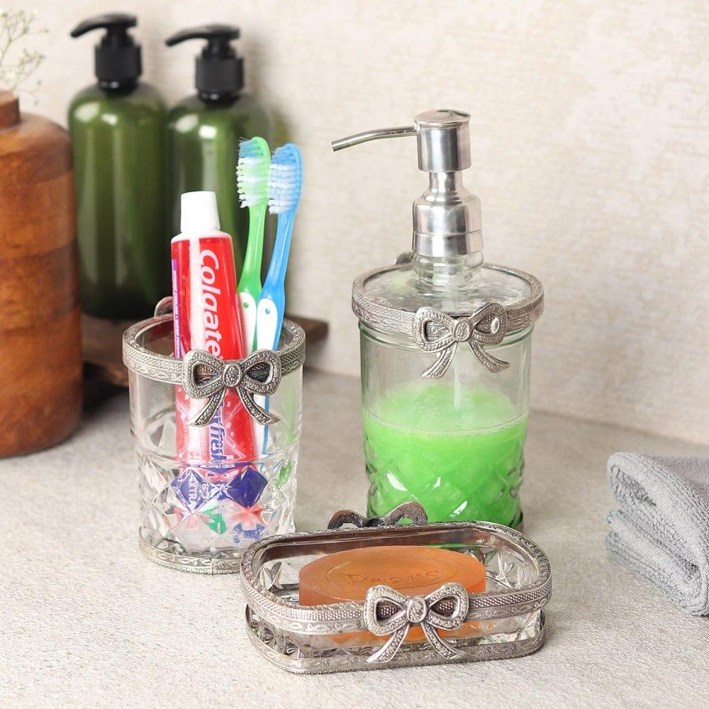 Antique Bow-Tied Glass Bathroom Silver Set