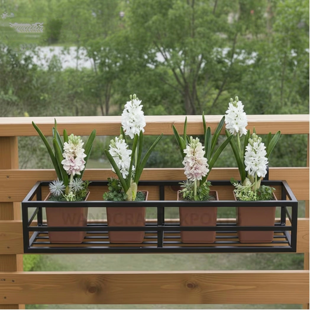 Balcony Railling Planter Box Black Frame Metal Rectangular Flower Pot Holder For Outdoor Garden Decor National Handicraft Town