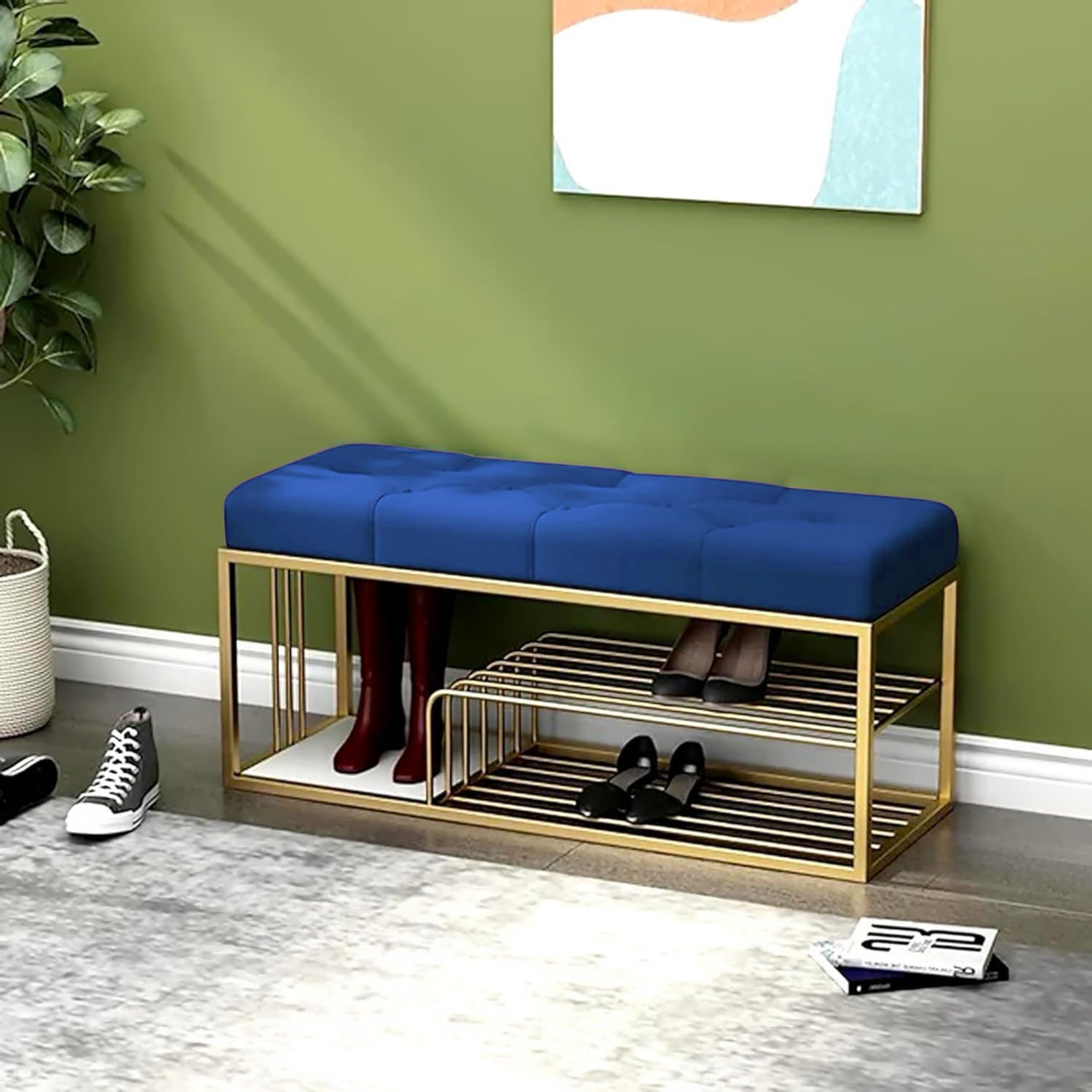 Velvet Upholstered Entryway Shoe Rack Bench with Storage Ouch Cart