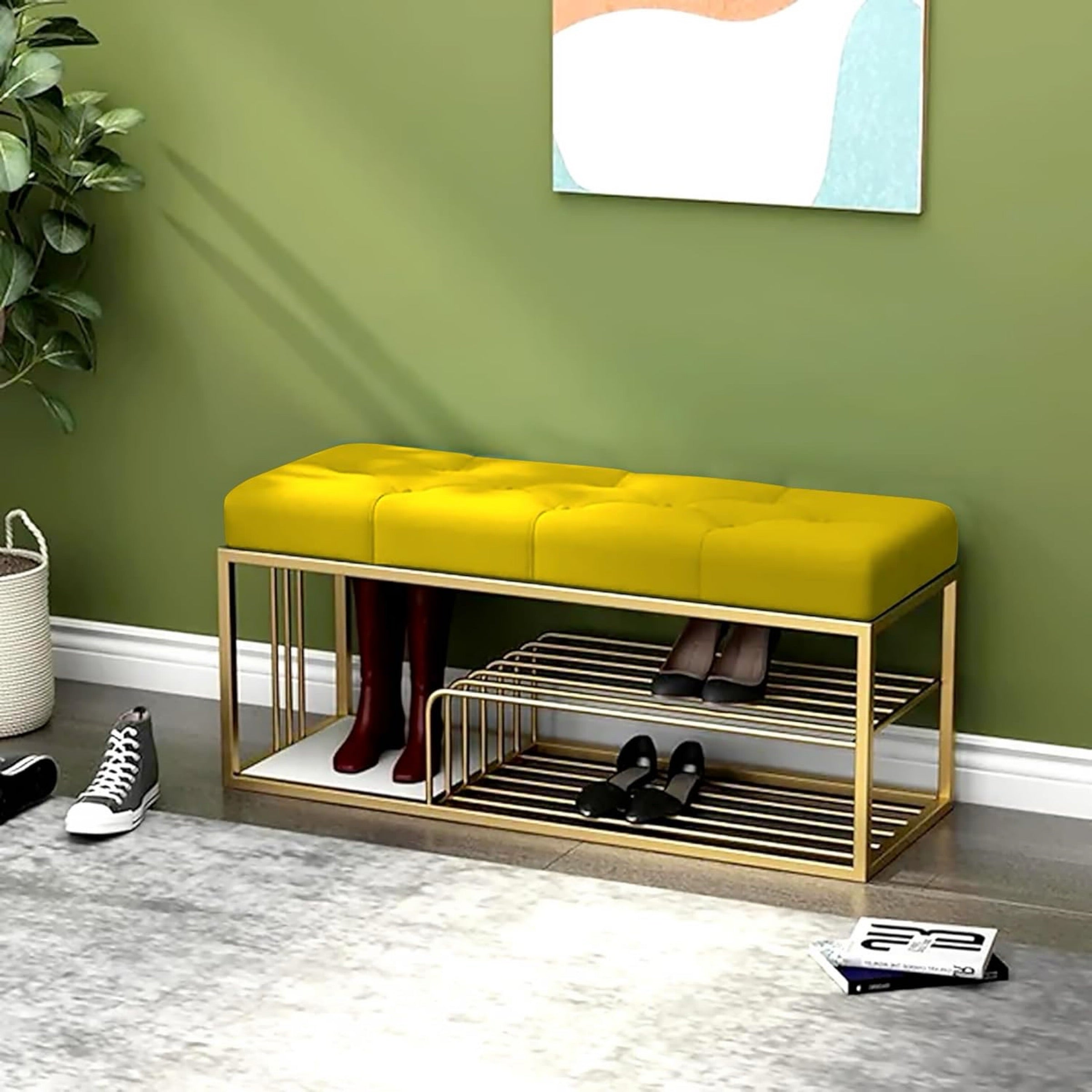 Velvet Upholstered Entryway Shoe Rack Bench with Storage Ouch Cart