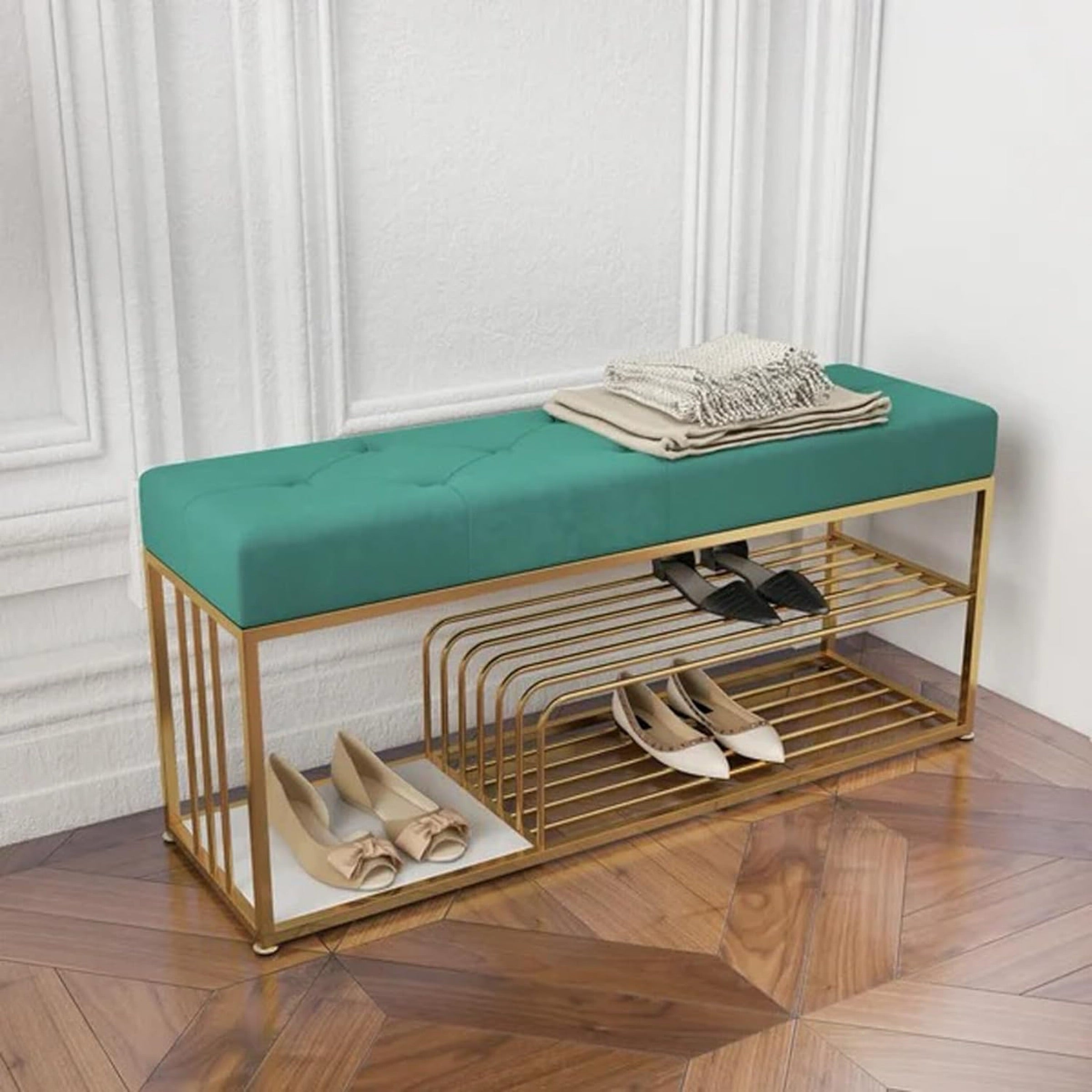 Velvet Upholstered Entryway Shoe Rack Bench with Storage Ouch Cart