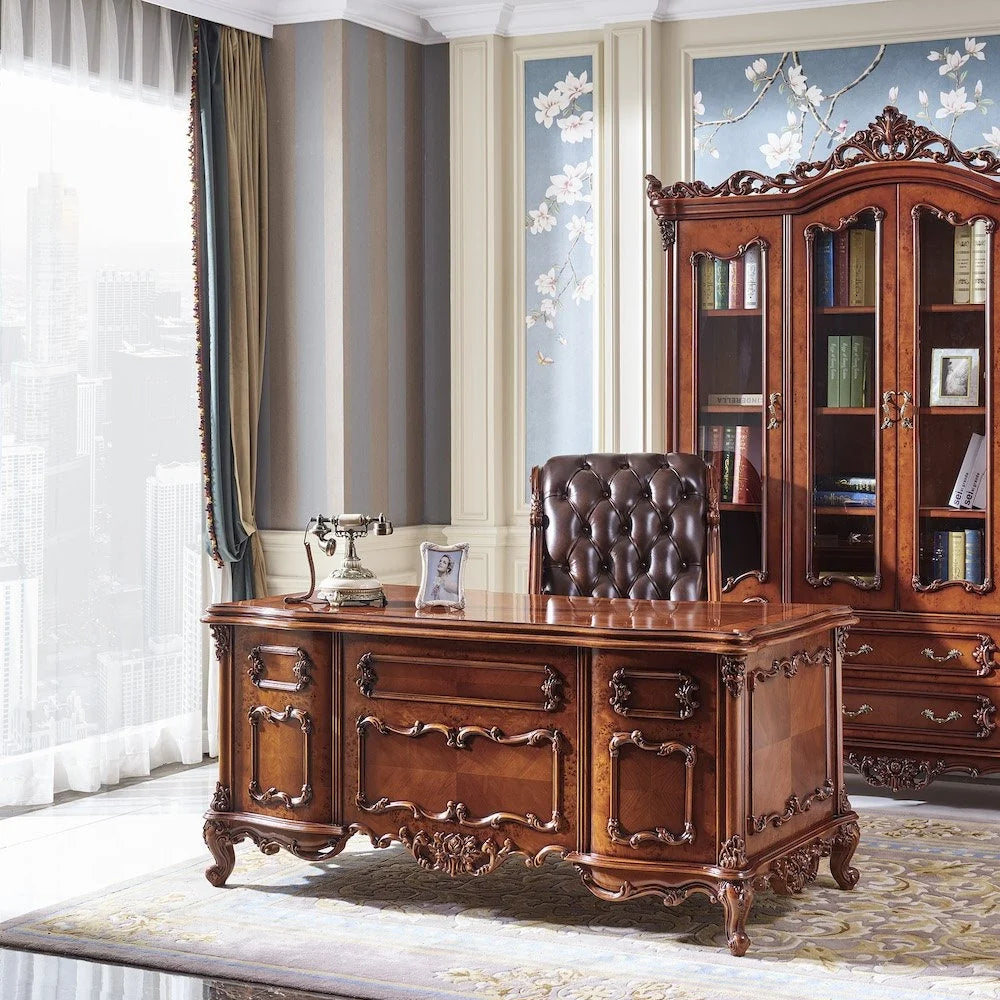 Luxury Antique Executive Office Desk | Ornate Carved Wooden Writing Table with Storage