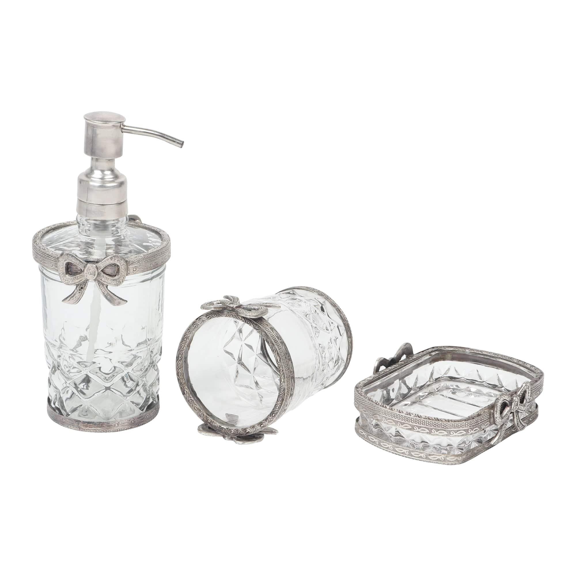 Antique Bow-Tied Glass Bathroom Silver Set - Ouch Cart