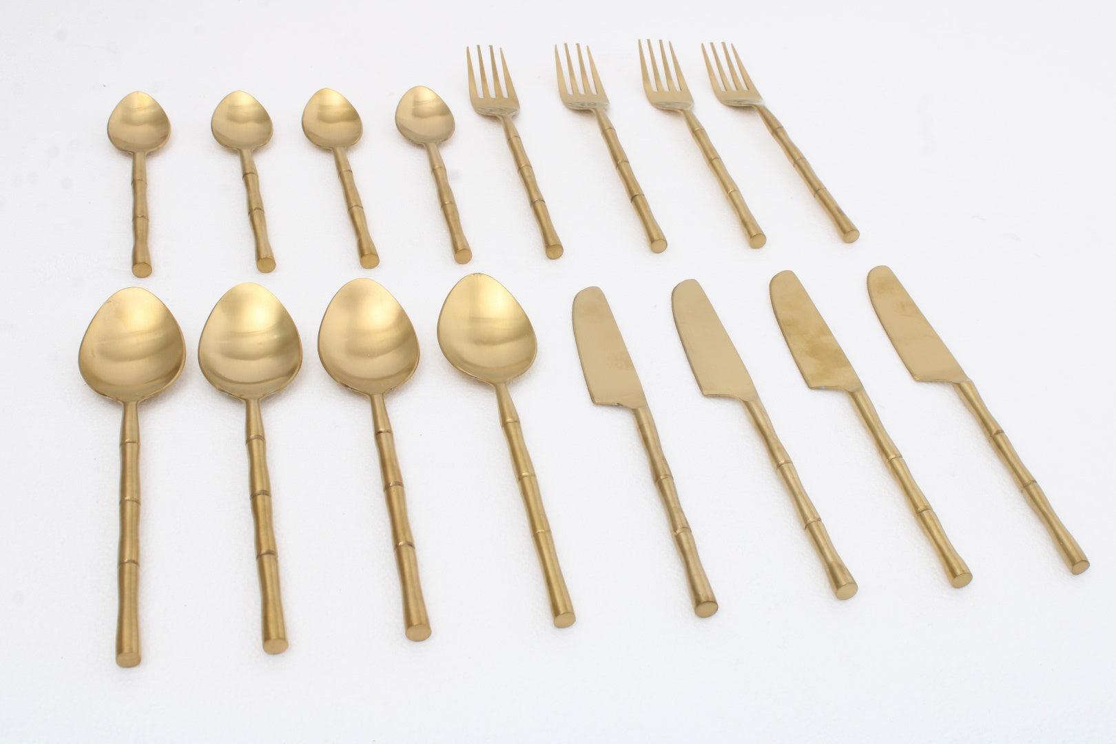 Bamboo Elegance Gold Cutlery (Set of 16) 4Knife, 4Fork,4 Rise Spoon,4 Dessert Spoon - Ouch Cart