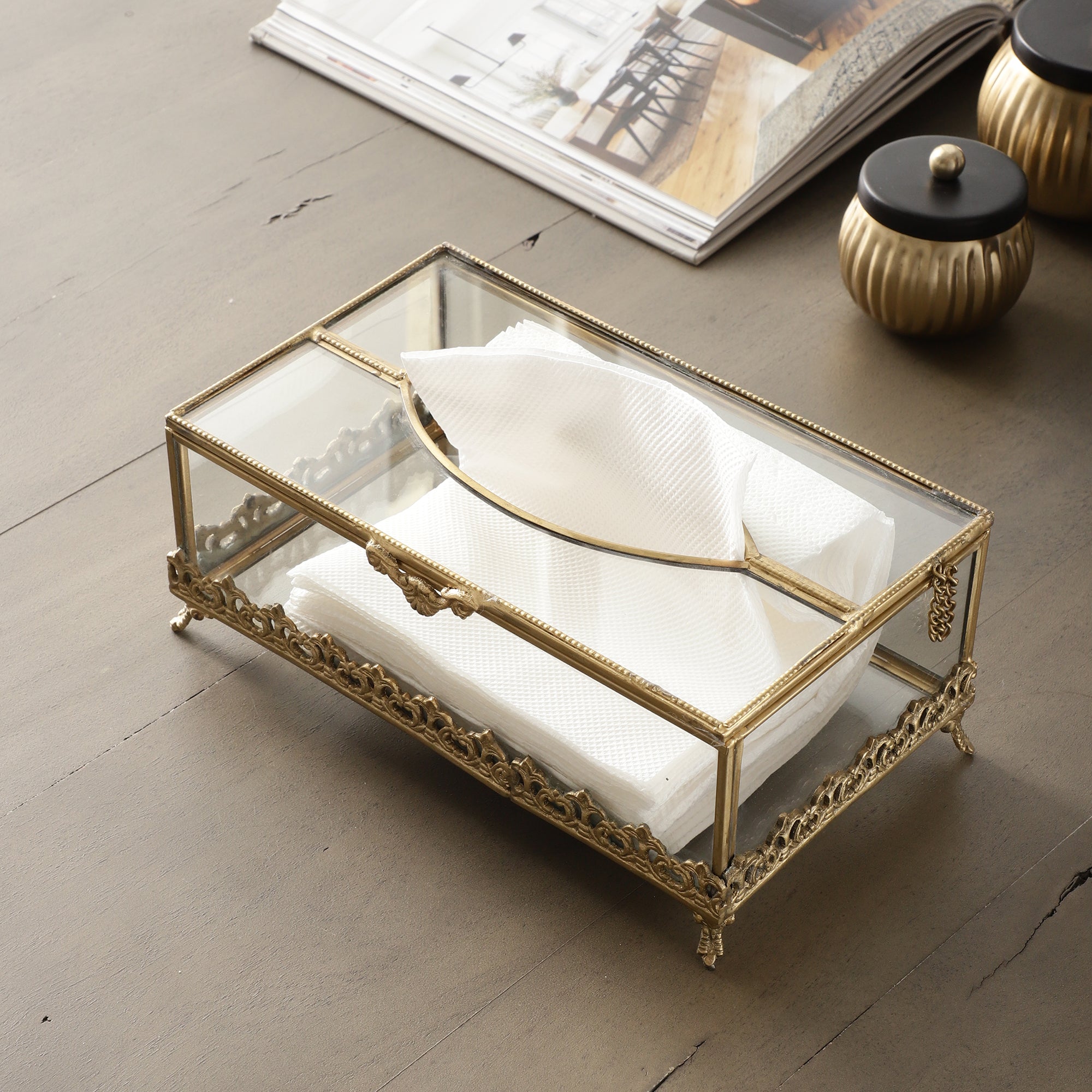 Floral Scroll Brass Napkin Box