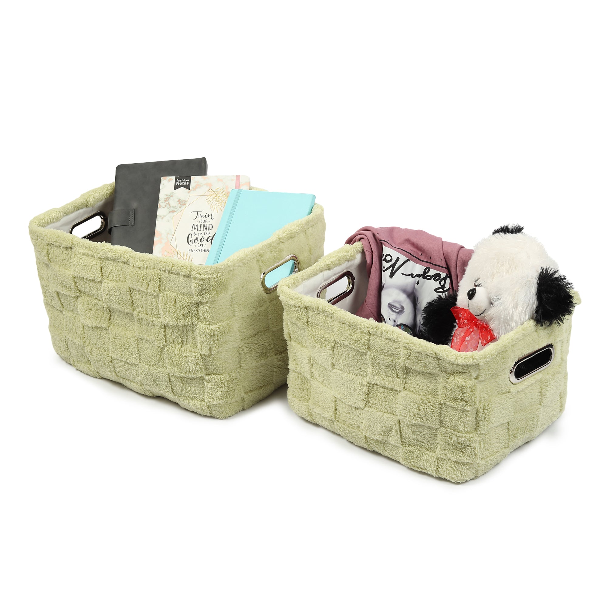 Soft Grid Plush Storage Basket Sage Green Set of 2