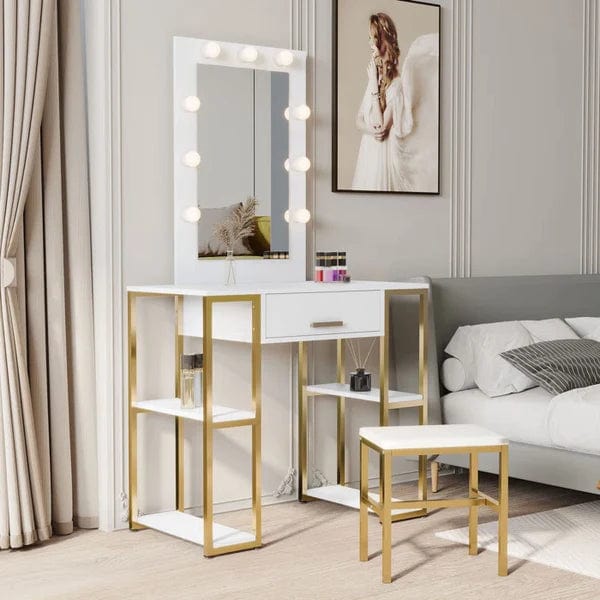 Anna Vanity dressing table with mirror with stool Vanity Desk with Power Outlet, Makeup Table with Sliding Lighted Mirror, Vanity Dresser for Bedroom White