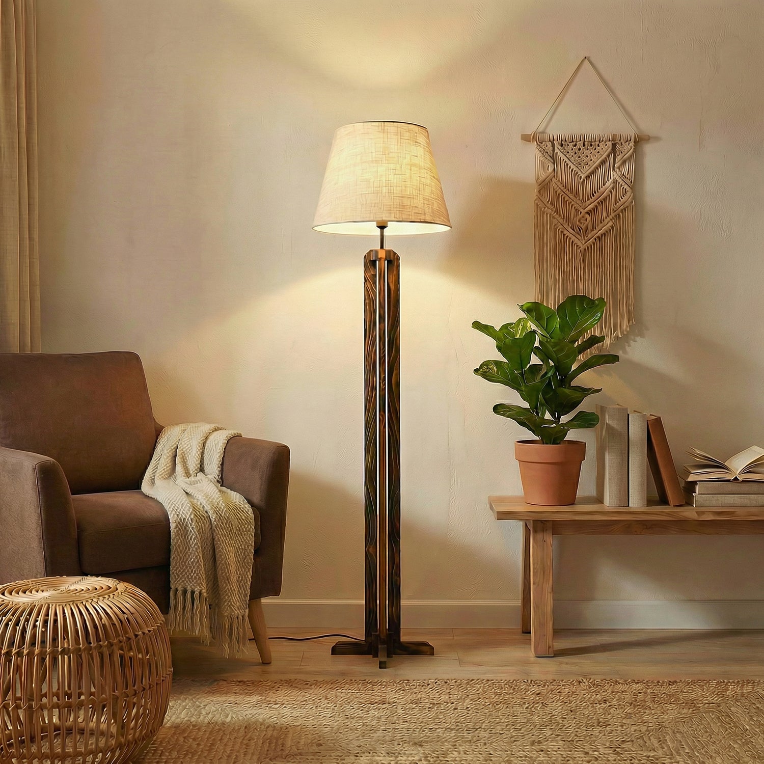 Inca Wooden Floor Lamp with Premium Beige Fabric Lampshade