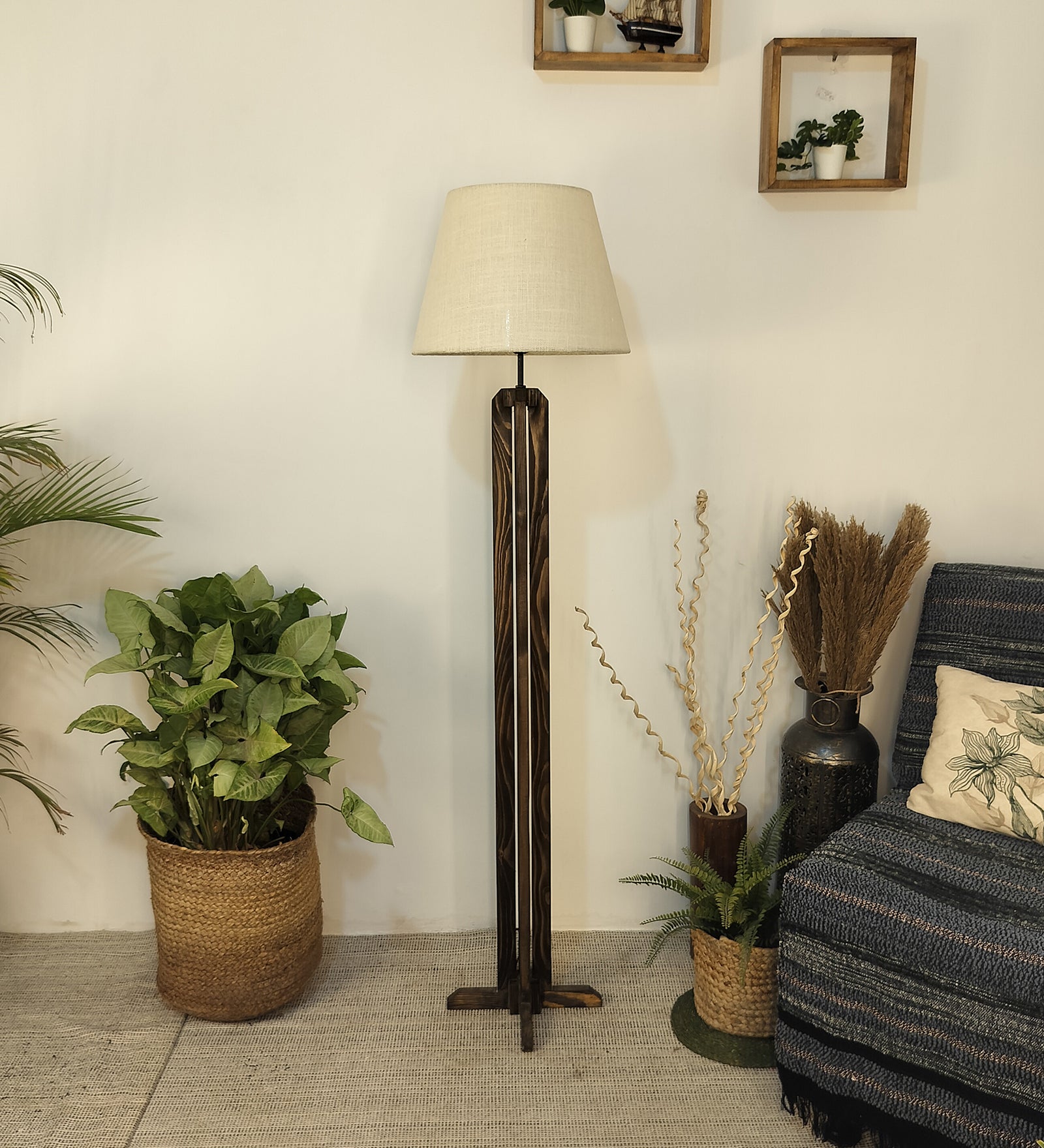 Inca Wooden Floor Lamp with Premium Beige Fabric Lampshade