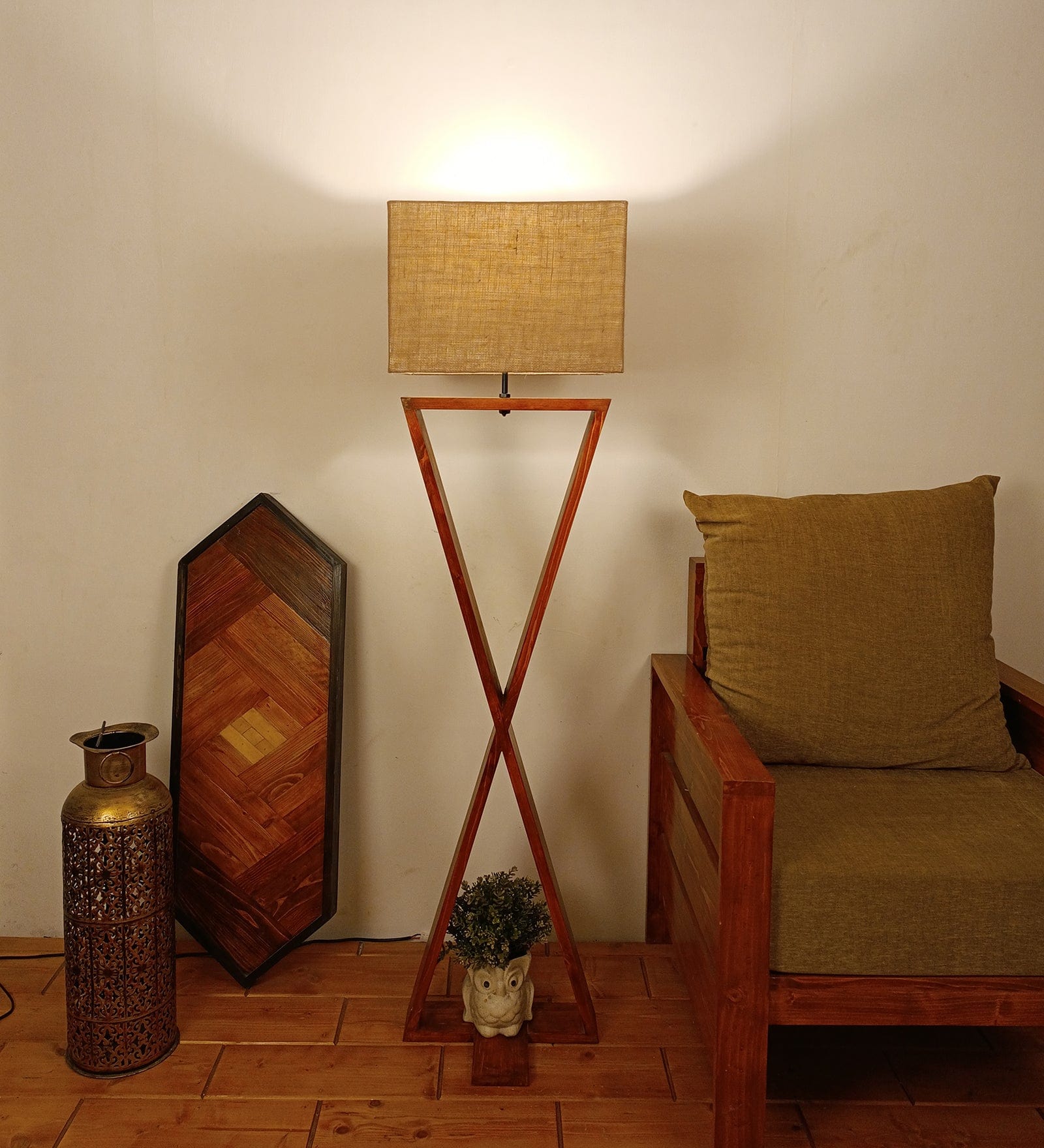 Infinity Wooden Floor Lamp with Premium Beige Fabric Lampshade (BULB NOT INCLUDED)